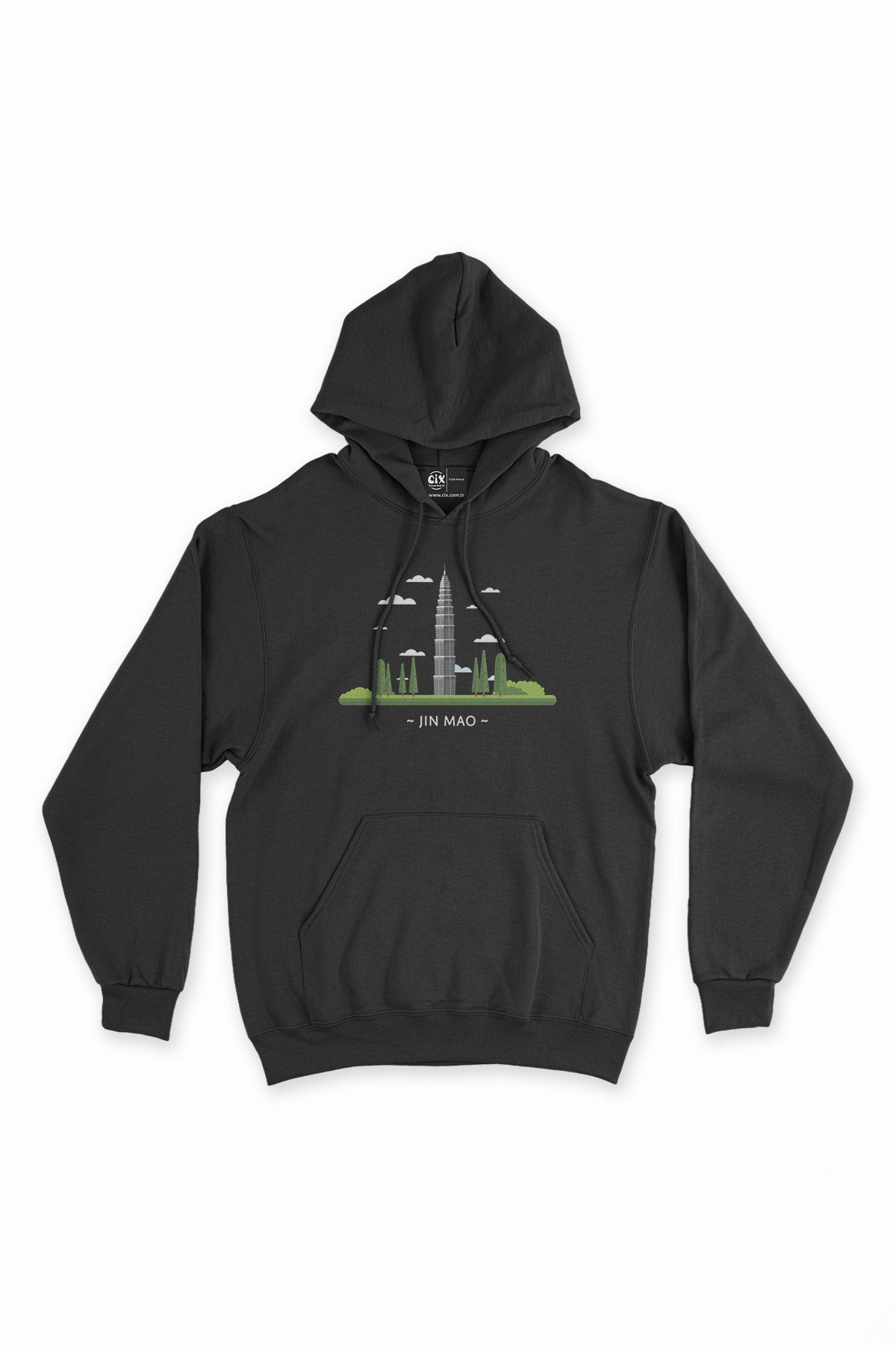 Jin Mao Kulesi Siyah Kapşonlu Sweatshirt Hoodie