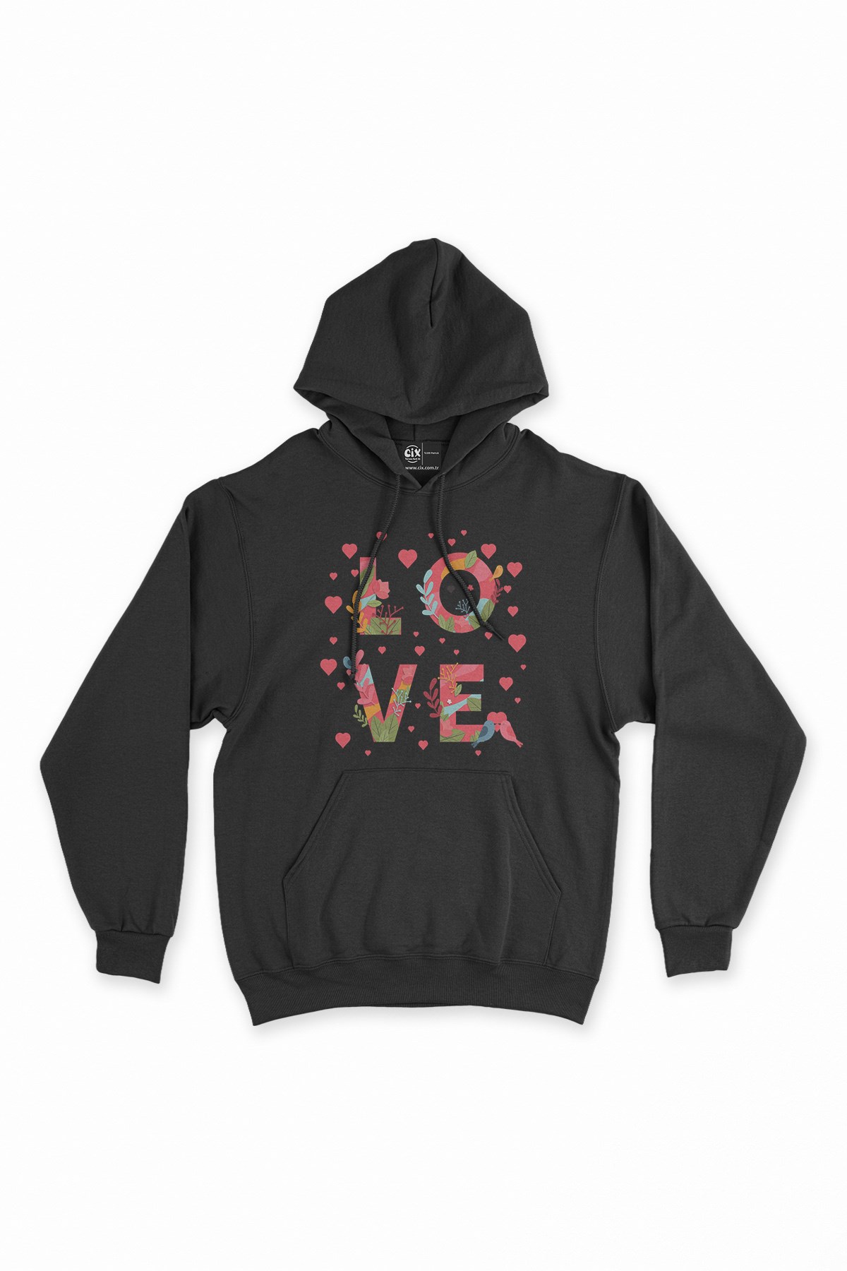 Kalpli Love Yazılı Siyah Kapşonlu Sweatshirt Hoodie