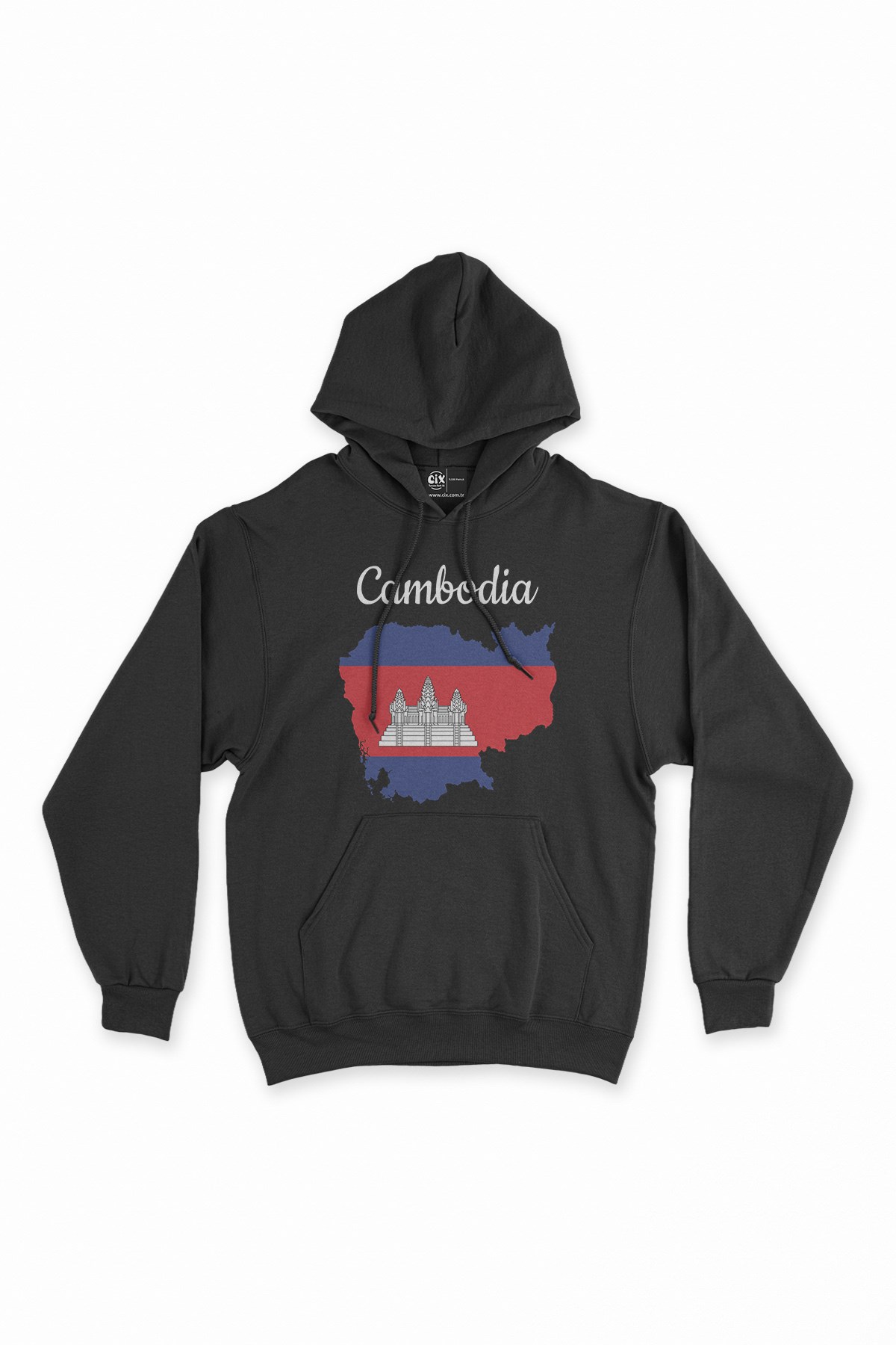 Kamboçya Haritalı ve Bayraklı Siyah Kapşonlu Sweatshirt Hoodie