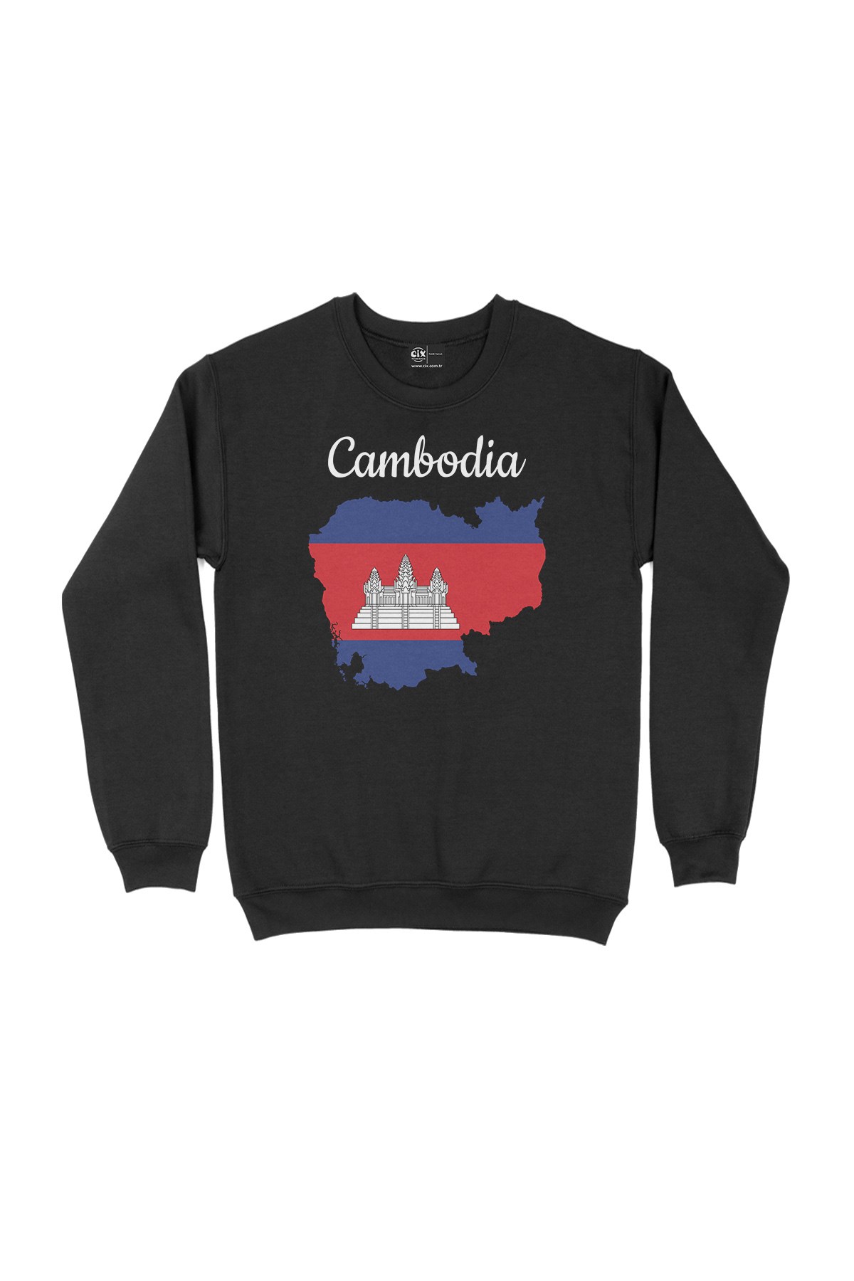 Kamboçya Haritalı ve Bayraklı Siyah Sweatshirt