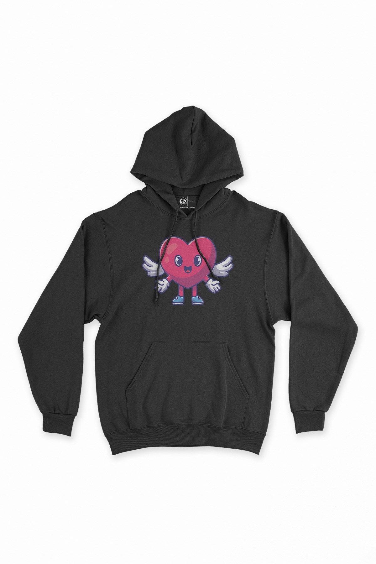 Kanatlı Melek Kalp Siyah Kapşonlu Sweatshirt Hoodie