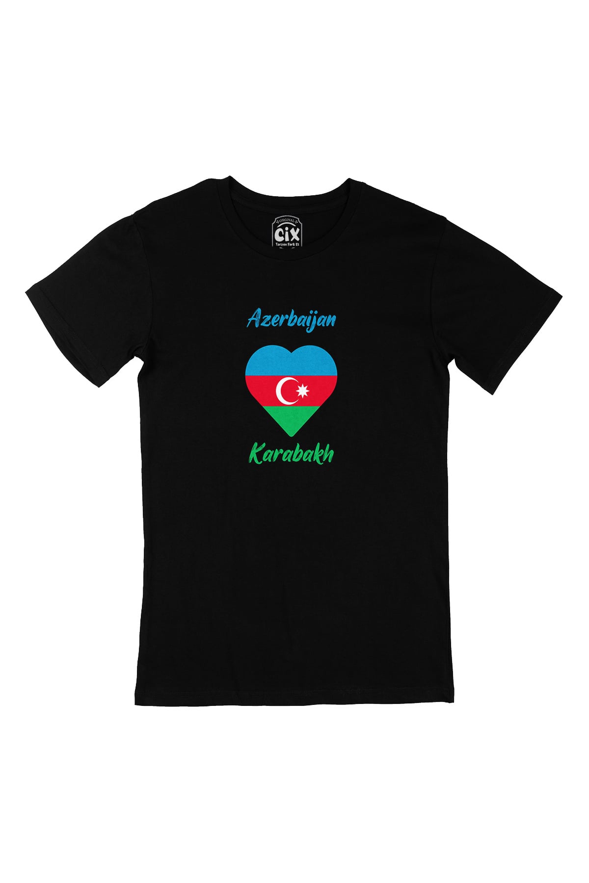 Karabağ Azerbaycan Bayraklı Kalpli Siyah Tişört