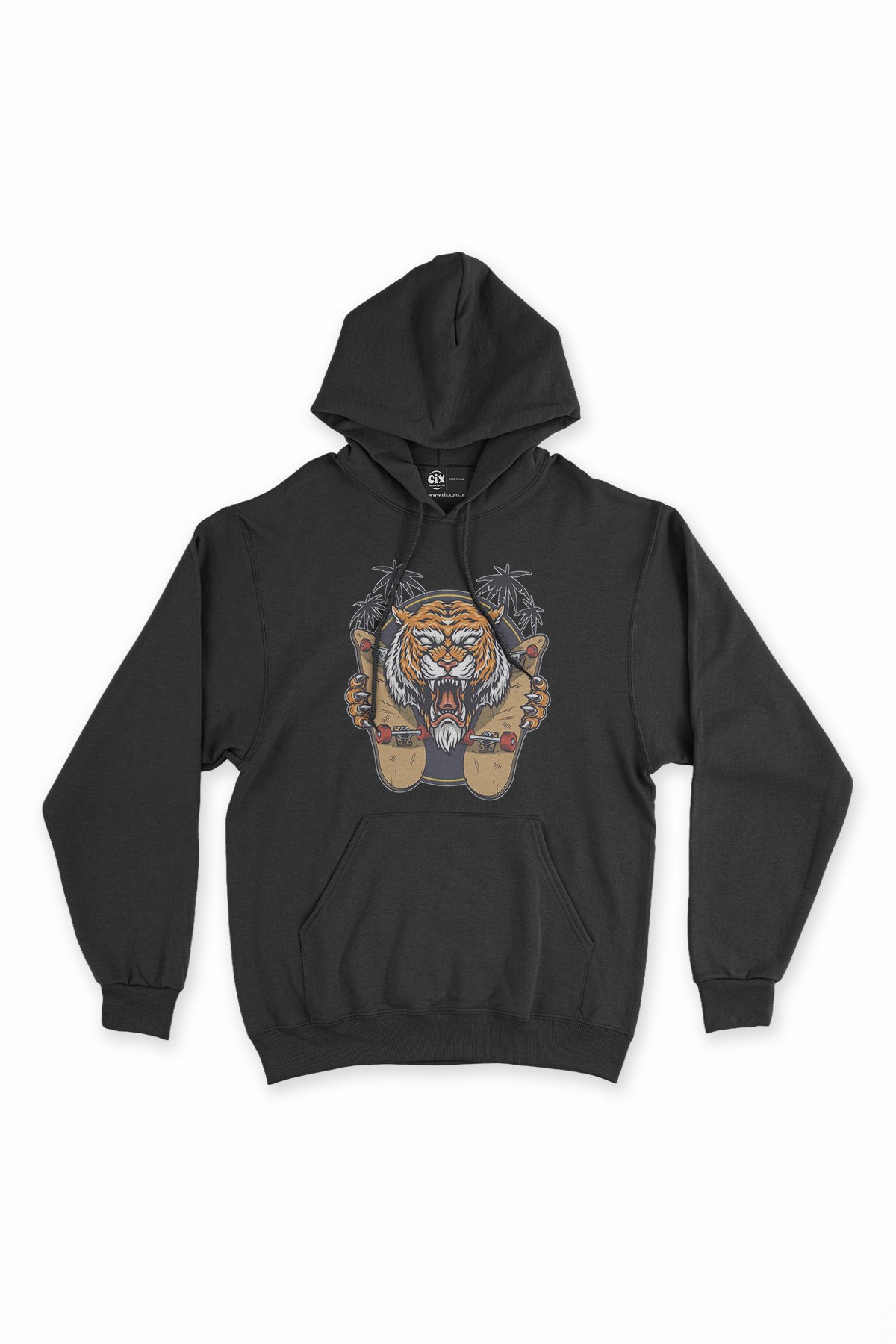 Kaykaylı Kaplan Siyah Kapşonlu Sweatshirt Hoodie