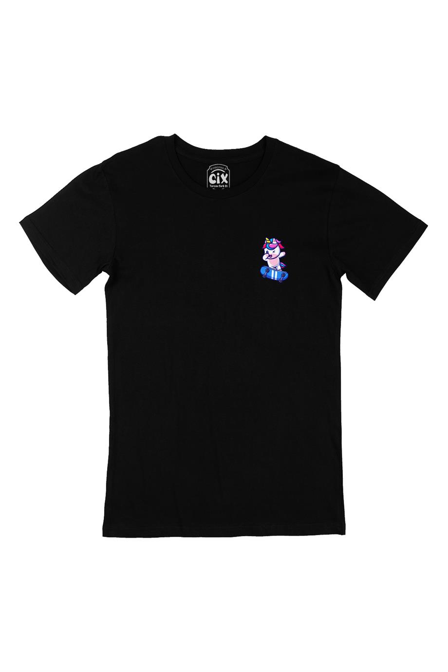 Kaykaylı Unicorn Cep Tasarım Baskılı Siyah Tişört