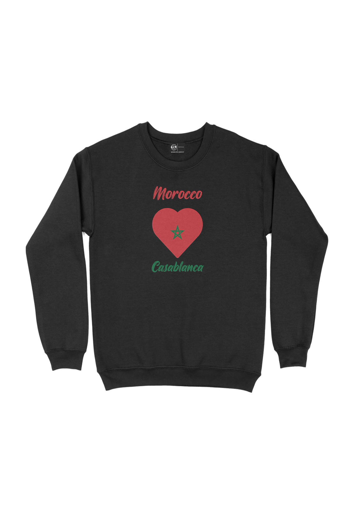 Kazablanka Fas Bayraklı Kalpli Siyah Sweatshirt