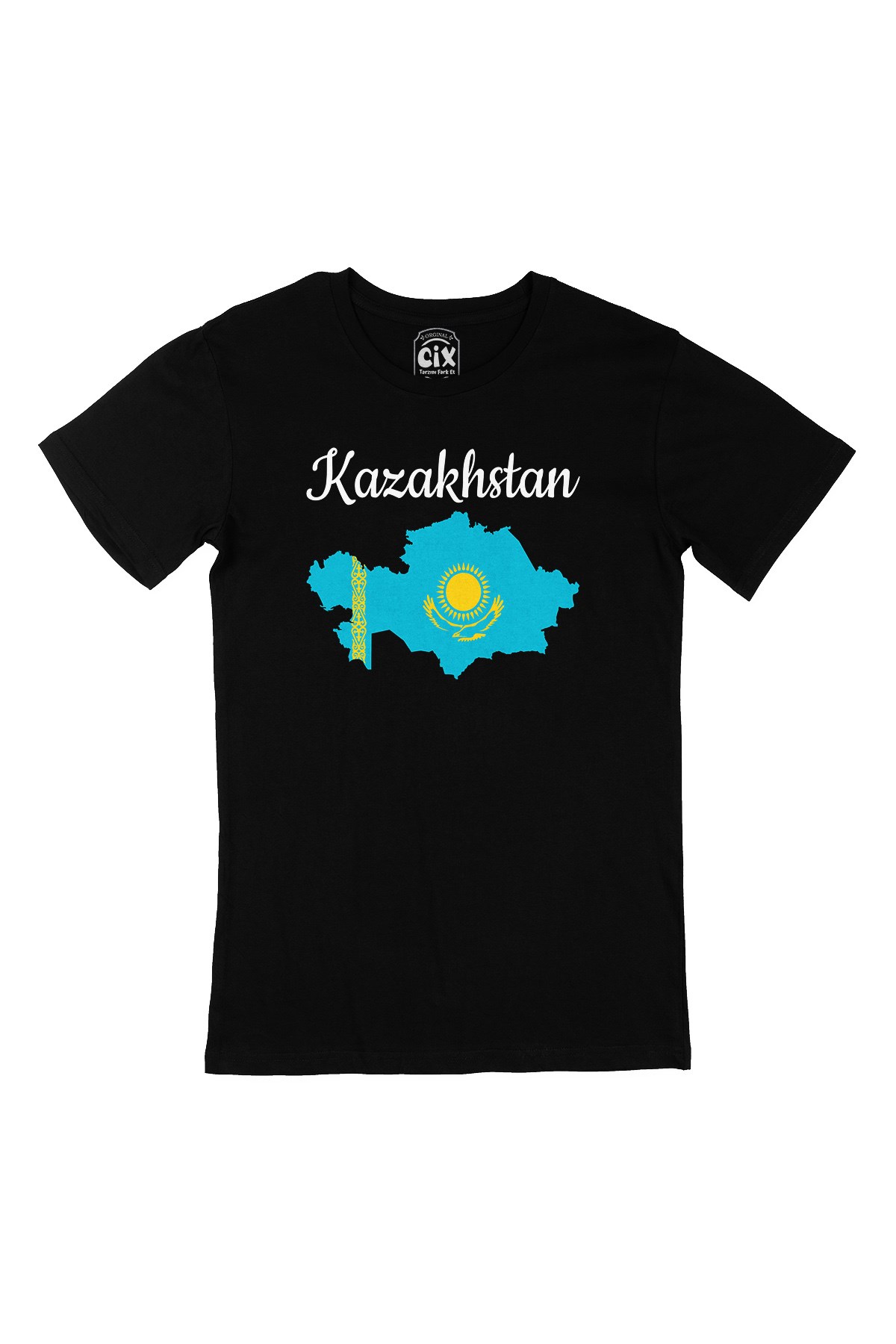 Kazakitan Haritalı ve Bayraklı Siyah Tişört