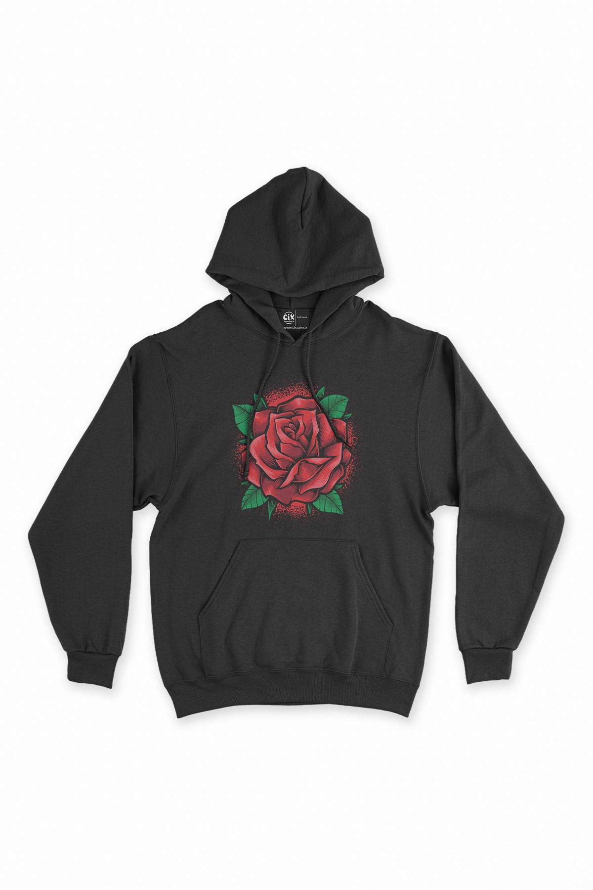 Kırmızı Gül Siyah Kapşonlu Sweatshirt Hoodie