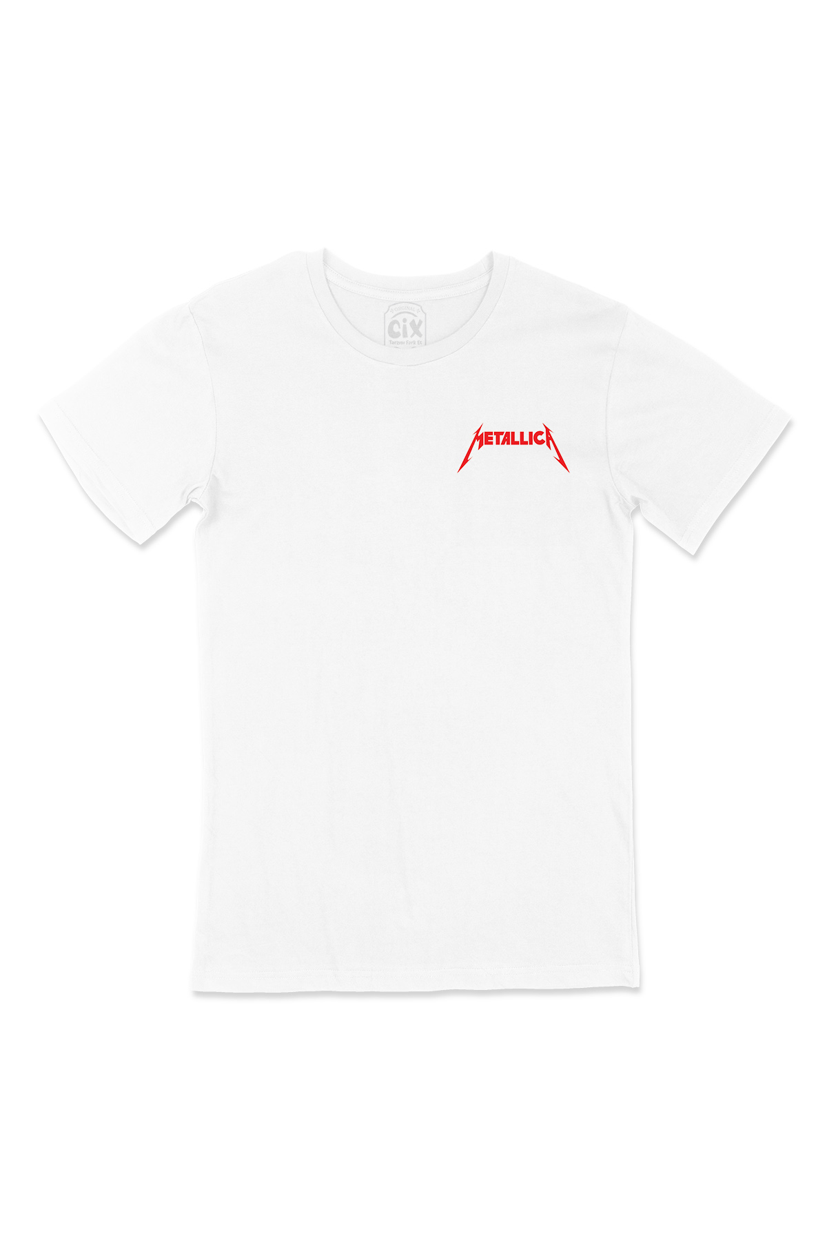 Kırmızı Metallica Logolu Cep Logo Tasarımlı Beyaz Tişört