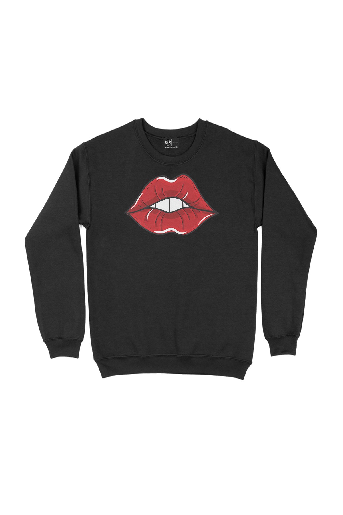 Klasik Dudak Baskılı  Siyah Sweatshirt