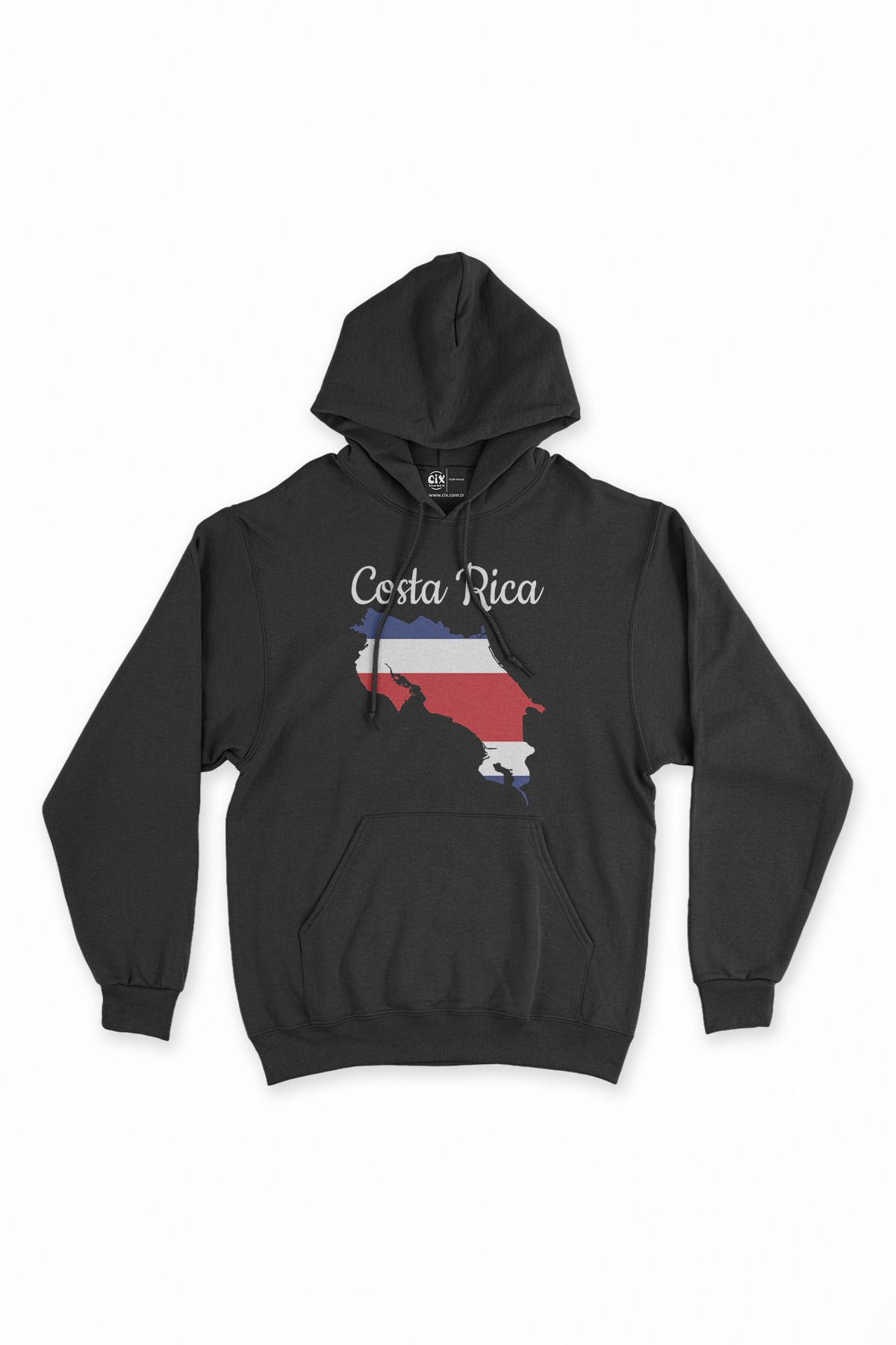 Kosta Rika Haritalı ve Bayraklı Siyah Kapşonlu Sweatshirt Hoodie