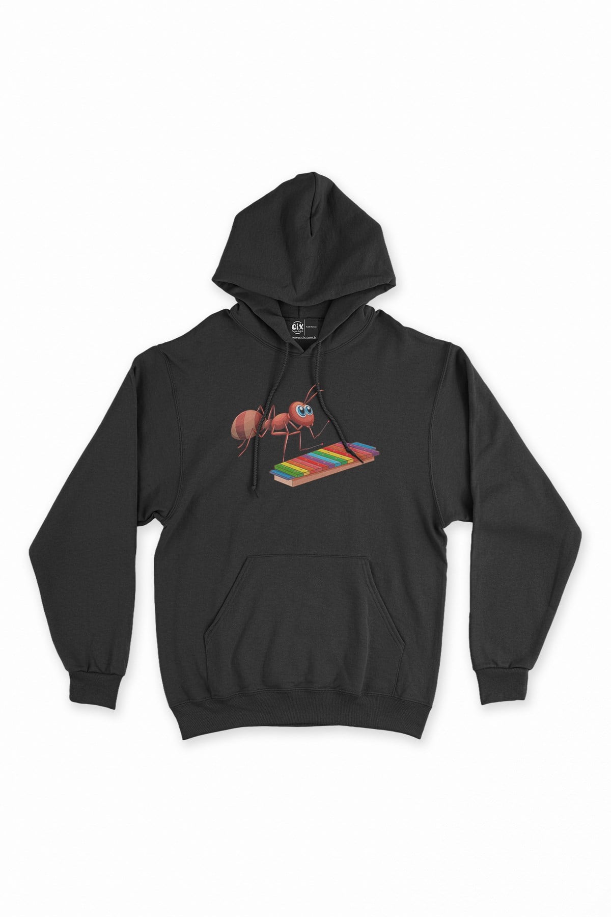 Ksilofon Çalan Karınca Siyah Kapşonlu Sweatshirt Hoodie