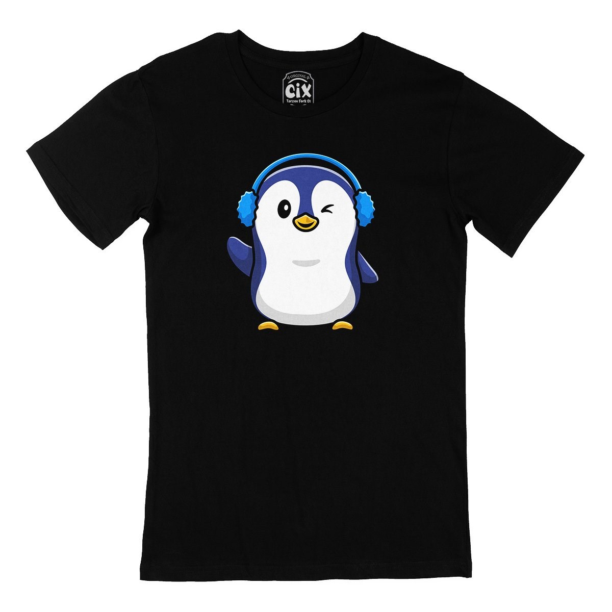 Kulaklıklı Penguen Siyah Tişört