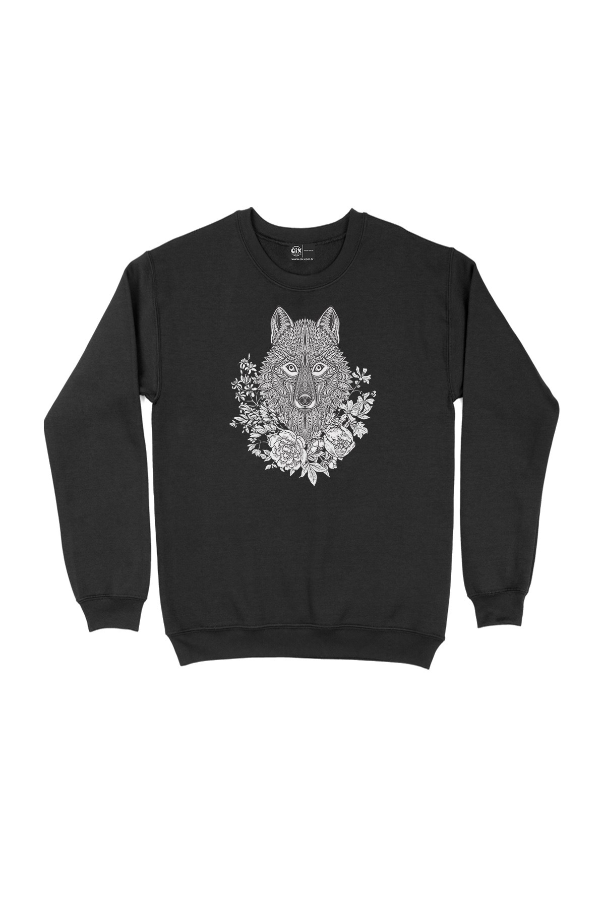 Kurt Çiçekli Mandala Siyah Sweatshirt