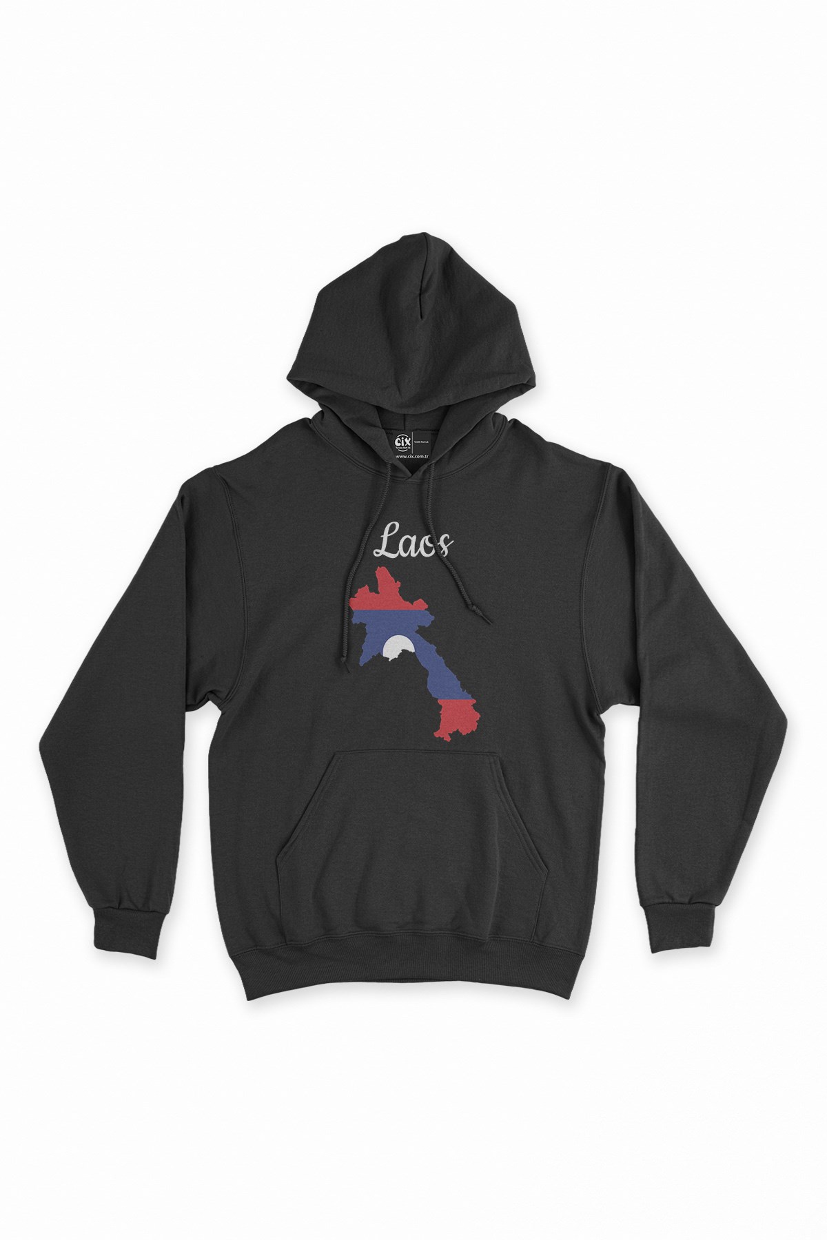 Laos Haritalı ve Bayraklı Siyah Kapşonlu Sweatshirt Hoodie