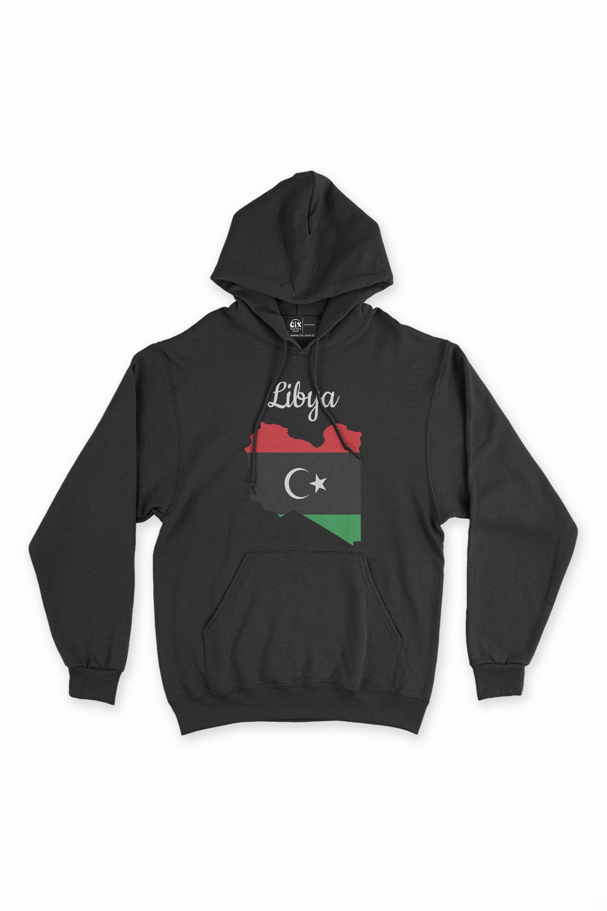 Libya Haritalı ve Bayraklı Siyah Kapşonlu Sweatshirt Hoodie