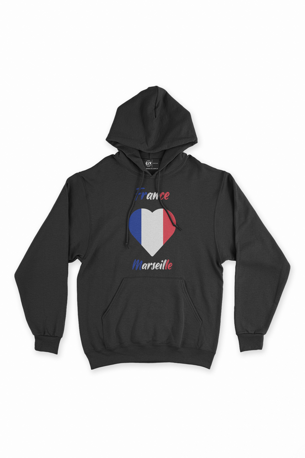 Marsilya Fransa Bayraklı Kalpli Siyah Sweatshirt Hoodie
