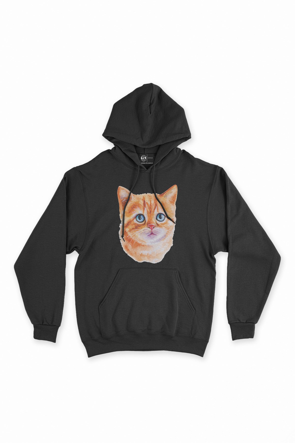 Mavi Gözlü Kedi Siyah Kapşonlu Sweatshirt Hoodie
