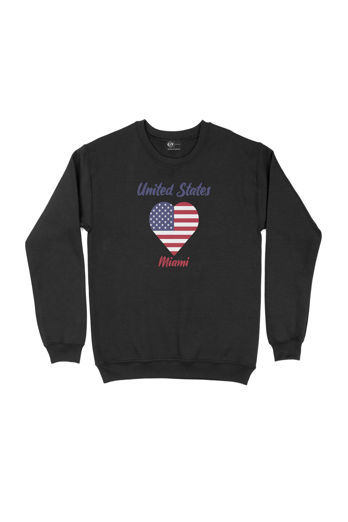 Miami Amerika Bayraklı Kalpli Siyah Sweatshirt