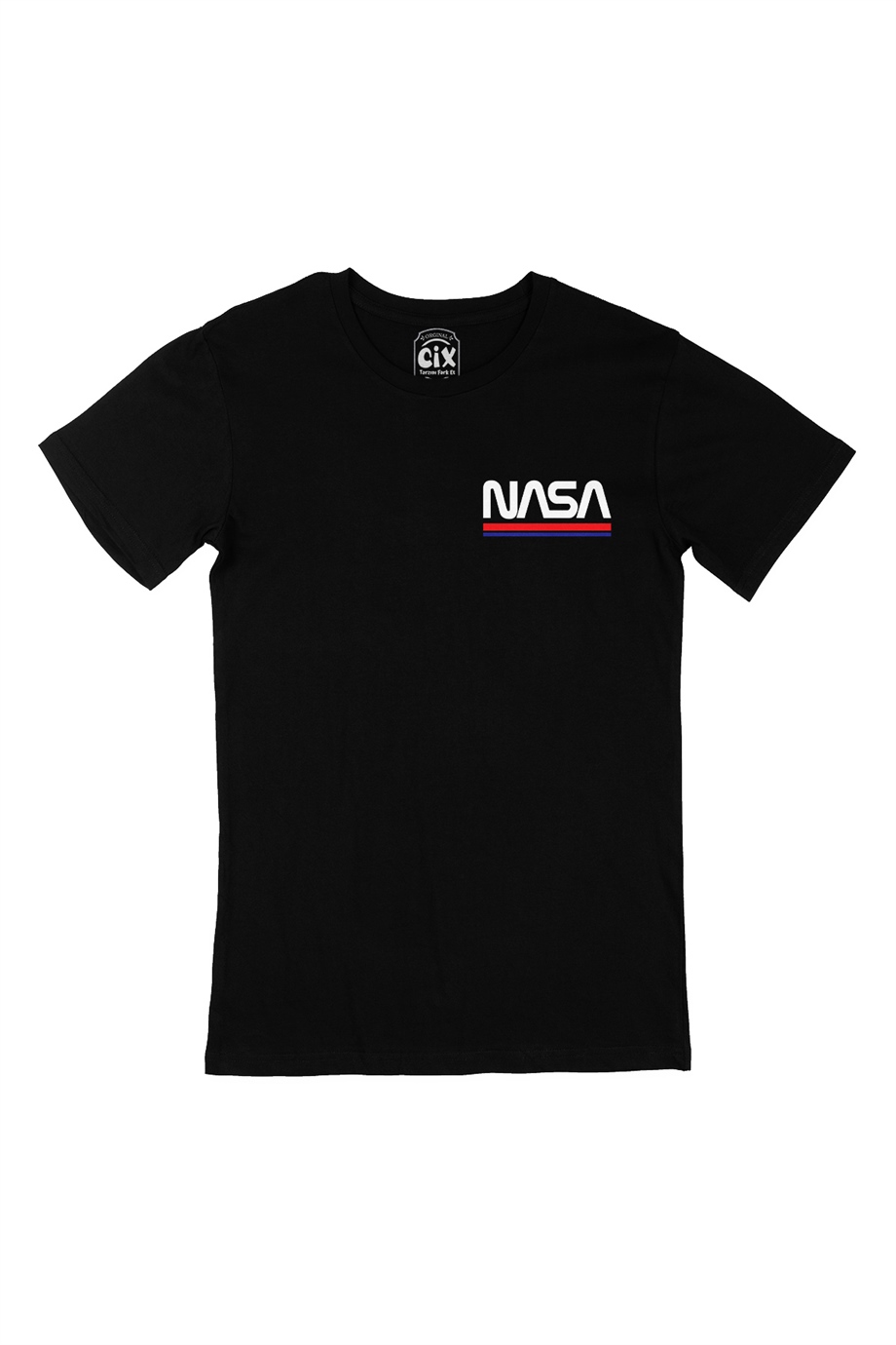 NASA Yazılı Cep Logo Tasarımlı Siyah Tişört