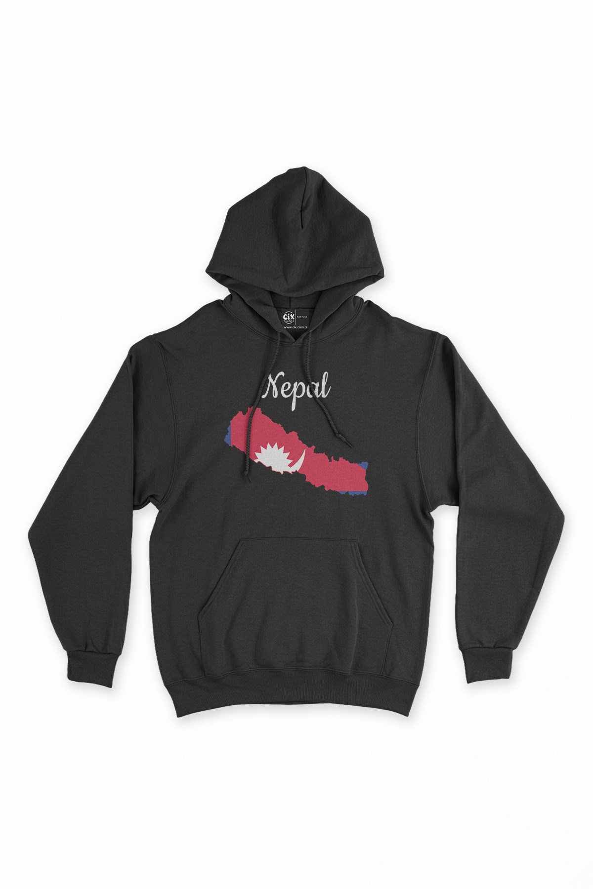 Nepal Haritalı ve Bayraklı Siyah Kapşonlu Sweatshirt Hoodie