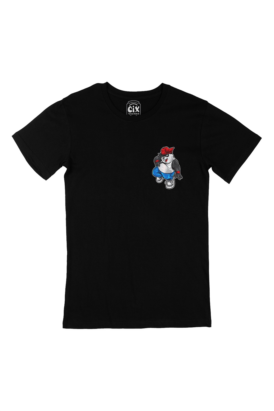 Oynayan Panda Cep Logo Tasarımlı Siyah Tişört