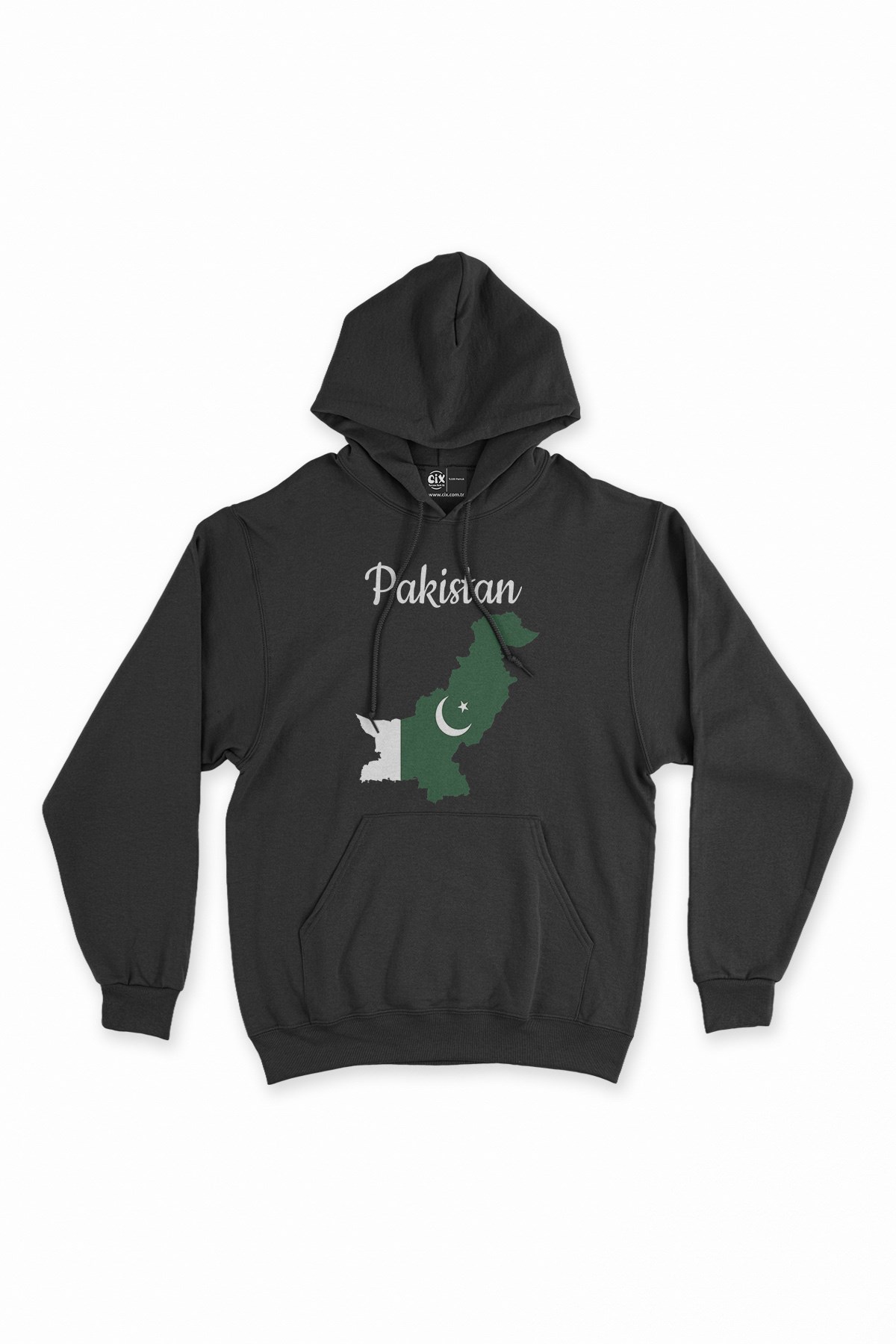 Pakistan Haritalı ve Bayraklı Siyah Kapşonlu Sweatshirt Hoodie