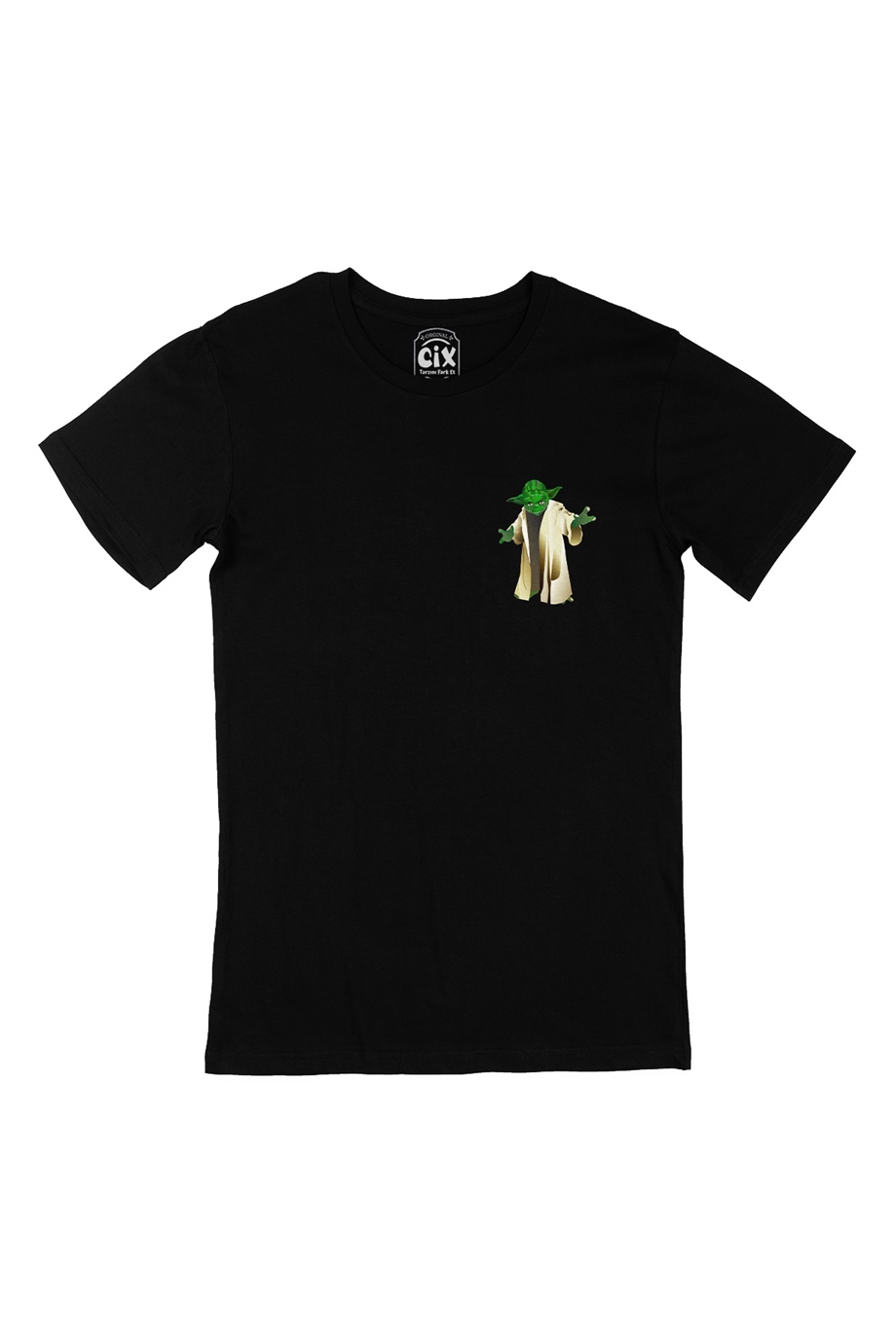 Pelerinli Yoda Star Wars Cep Logo Tasarımlı Siyah Tişört