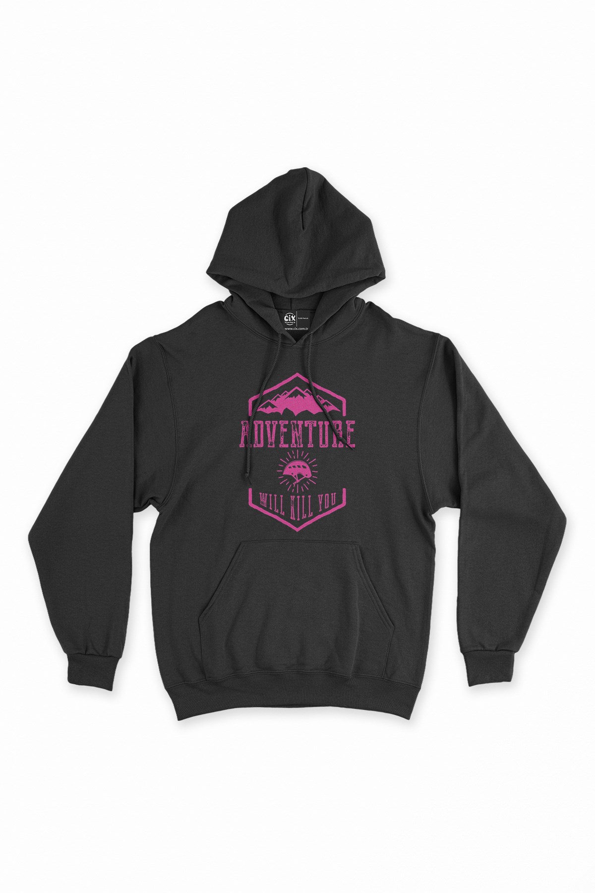 Pembe Adventure Will Kill You Siyah Kapşonlu Sweatshirt Hoodie