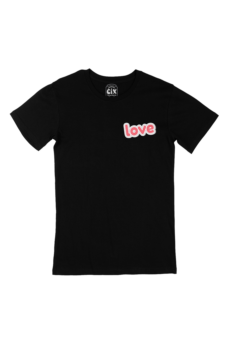 Pembe Love Yazılı Cep Logo Tasarımlı Siyah Tişört