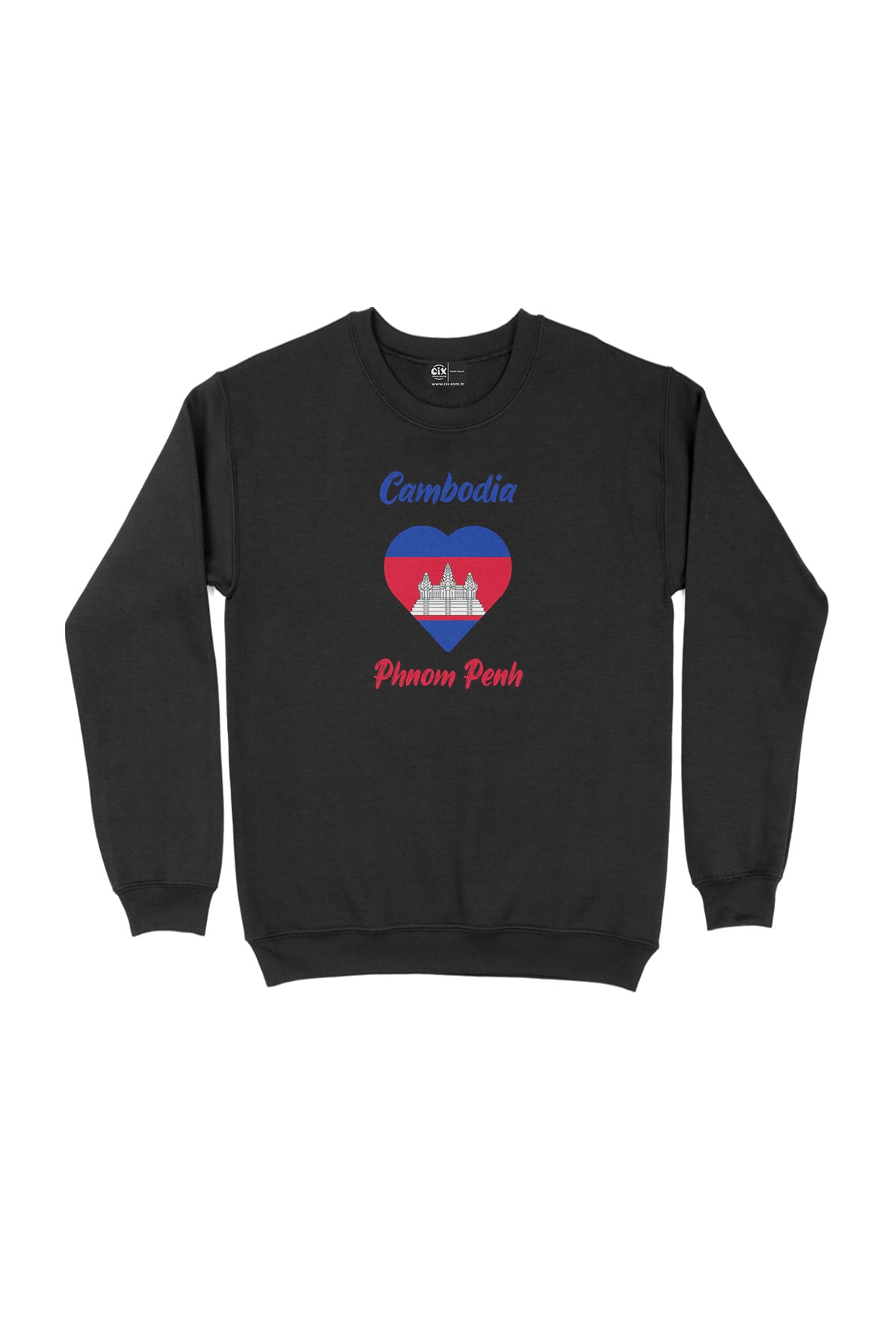 Phnom Penh Kamboçya Bayraklı Kalpli Siyah Sweatshirt