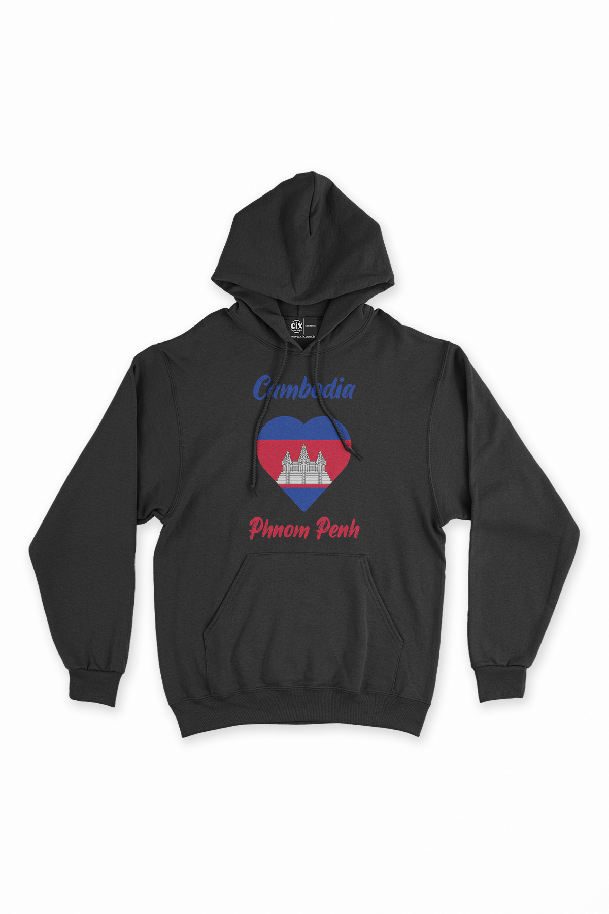 Phnom Penh Kamboçya Bayraklı Kalpli Siyah Sweatshirt Hoodie