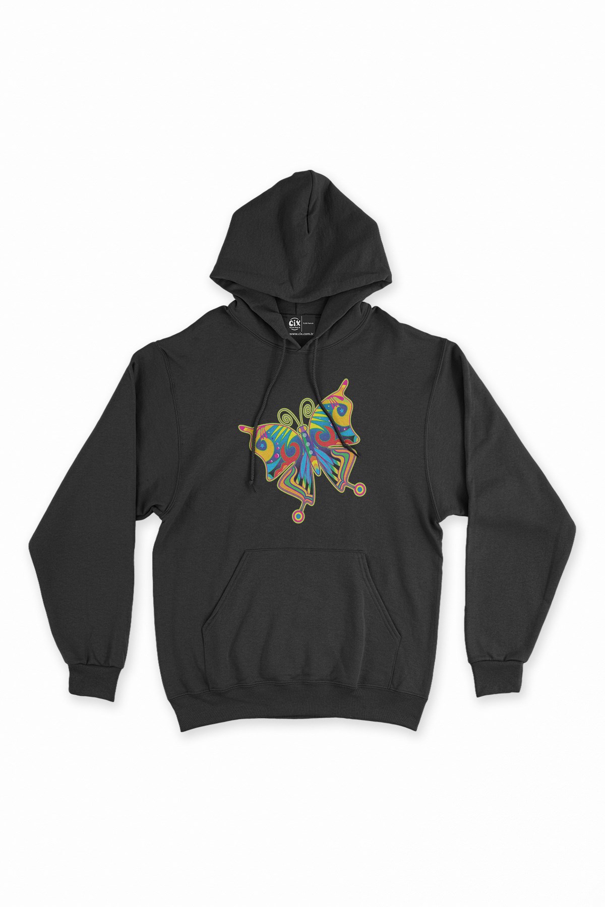 Rengarenk Kelebek Siyah Kapşonlu Sweatshirt Hoodie