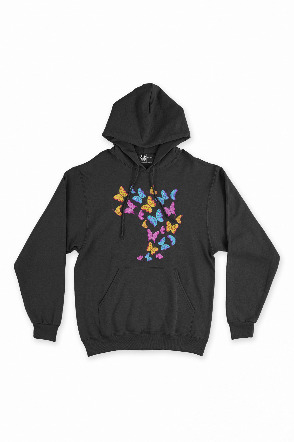 Rengarenk Kelebekli Siyah Kapşonlu Sweatshirt Hoodie