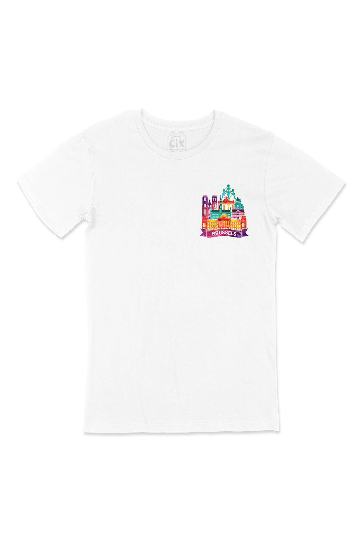Renkli Brüksel İllüstrasyon Cep Logo Tasarımlı Beyaz Tişört