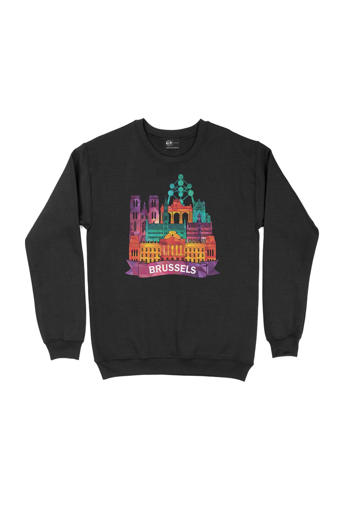 Renkli Brüksel İllüstrasyon Siyah Sweatshirt