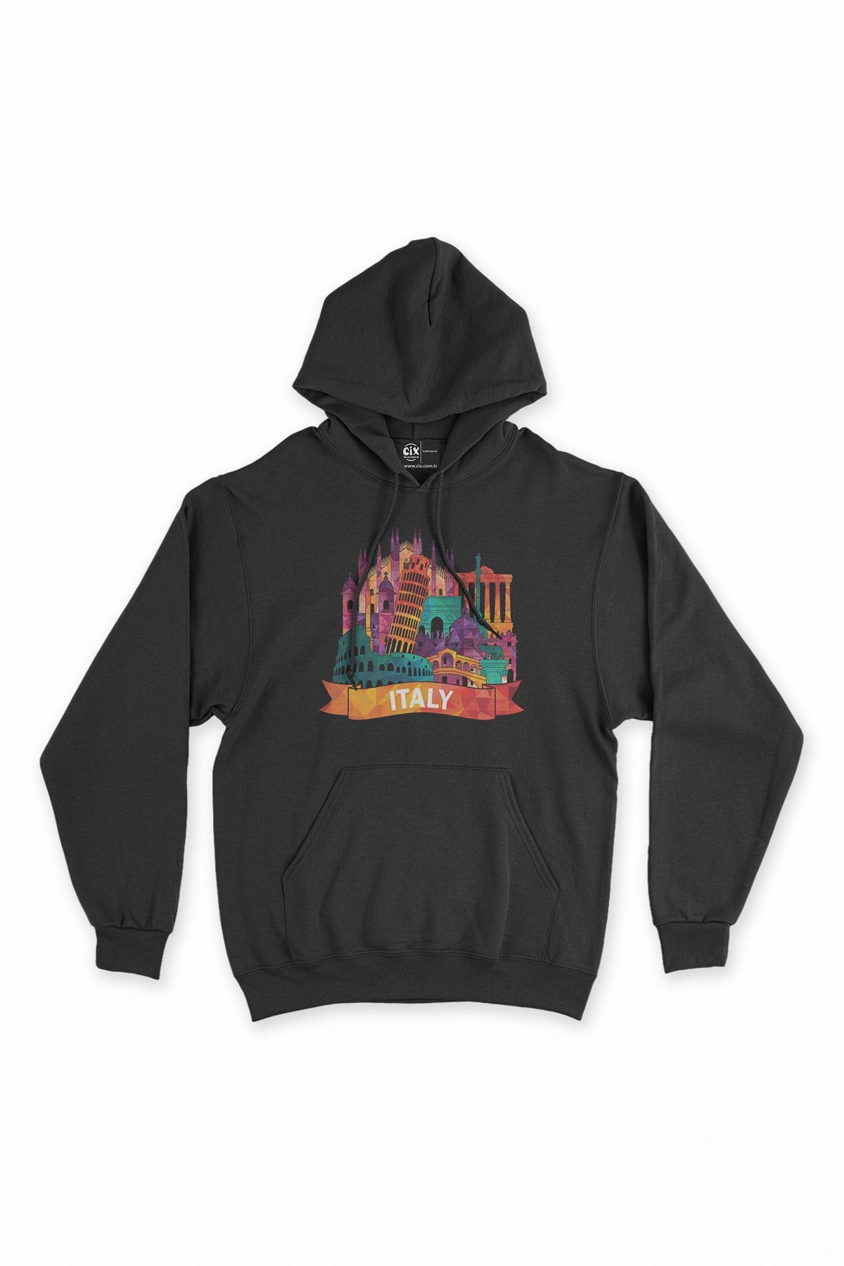Renkli İtalya İllüstrasyon Siyah Kapşonlu Sweatshirt Hoodie