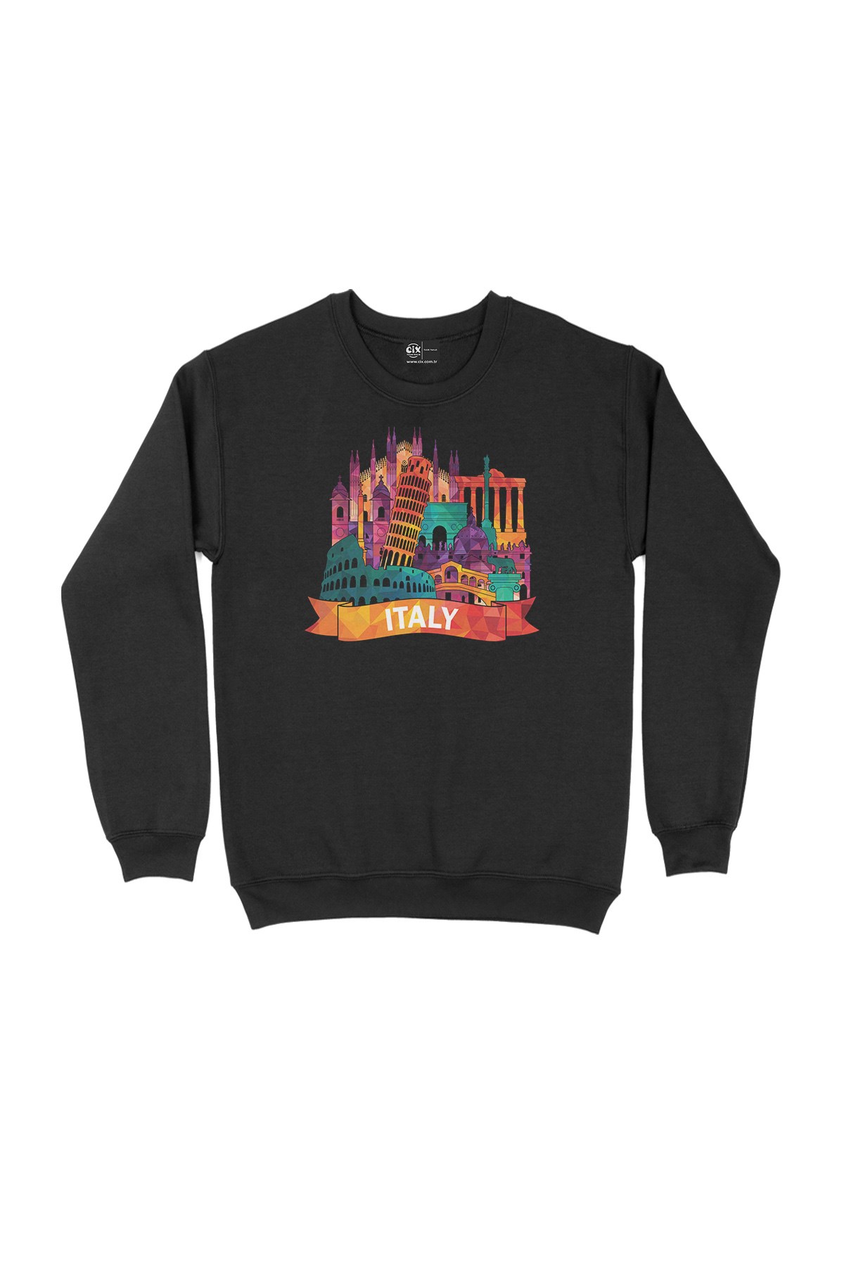Renkli İtalya İllüstrasyon Siyah Sweatshirt