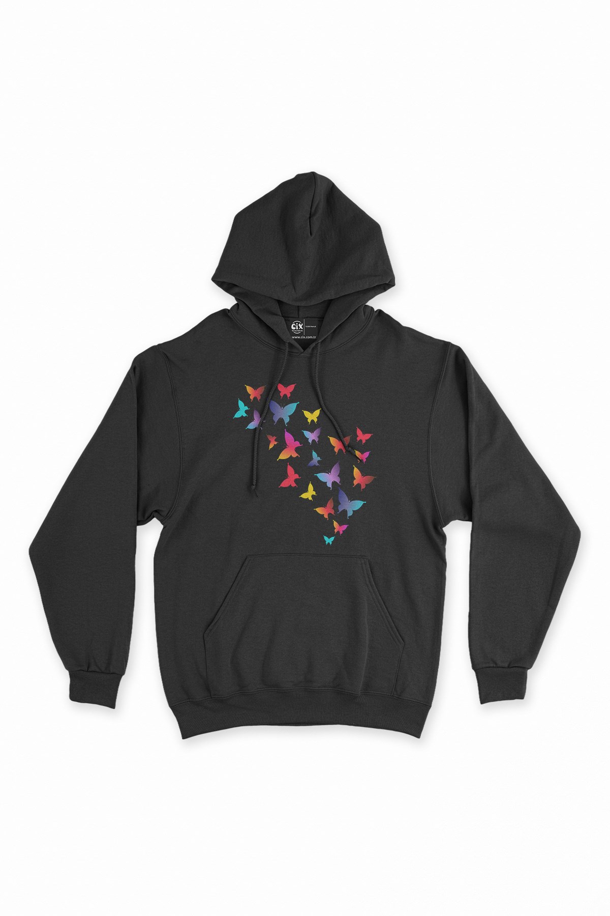 Renkli Kelebekler Siyah Kapşonlu Sweatshirt Hoodie