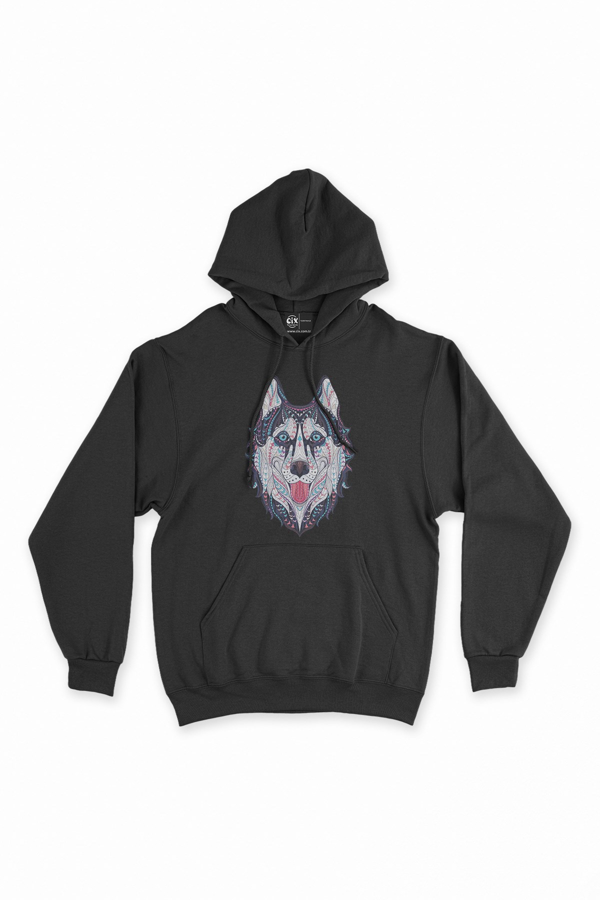 Renkli Kurt Siyah Kapşonlu Sweatshirt Hoodie