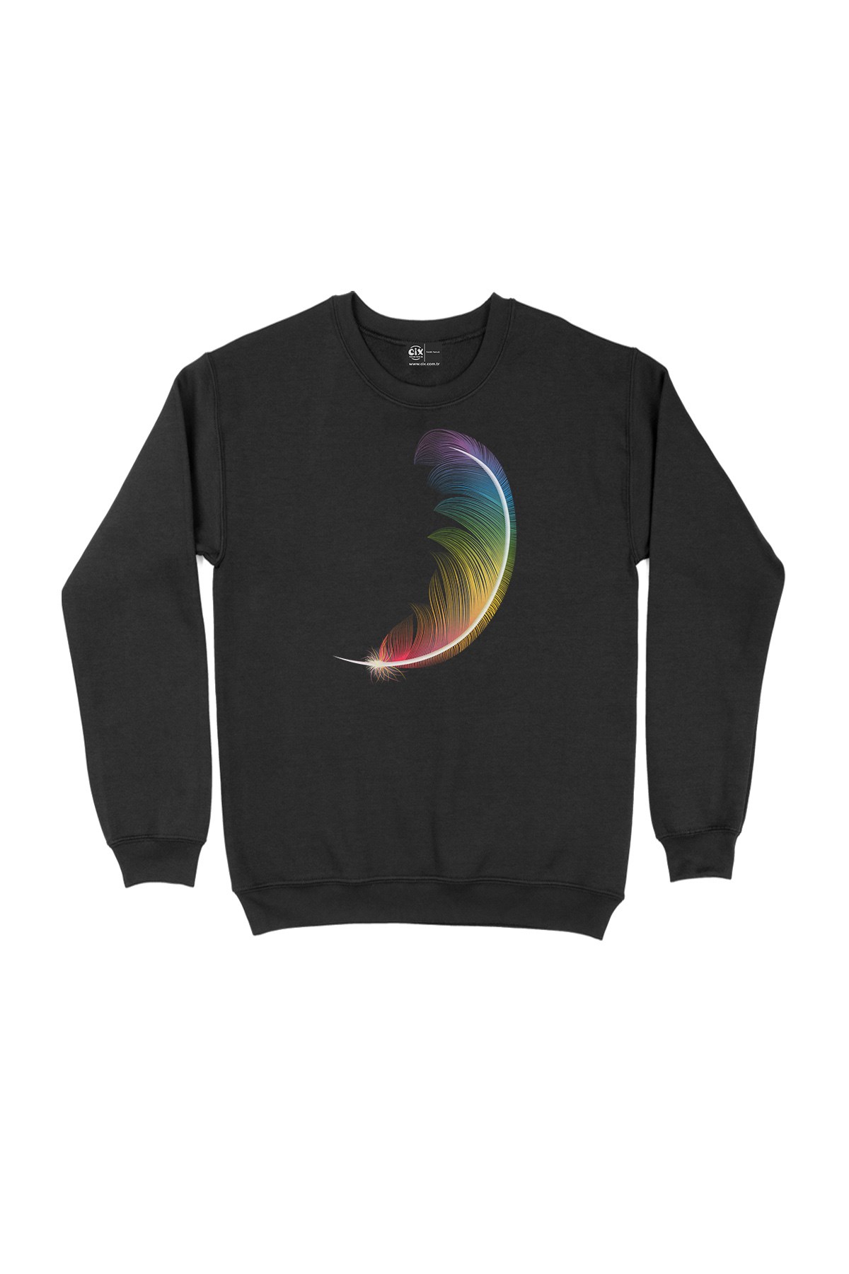 Renkli Kuş Tüyü Siyah Sweatshirt