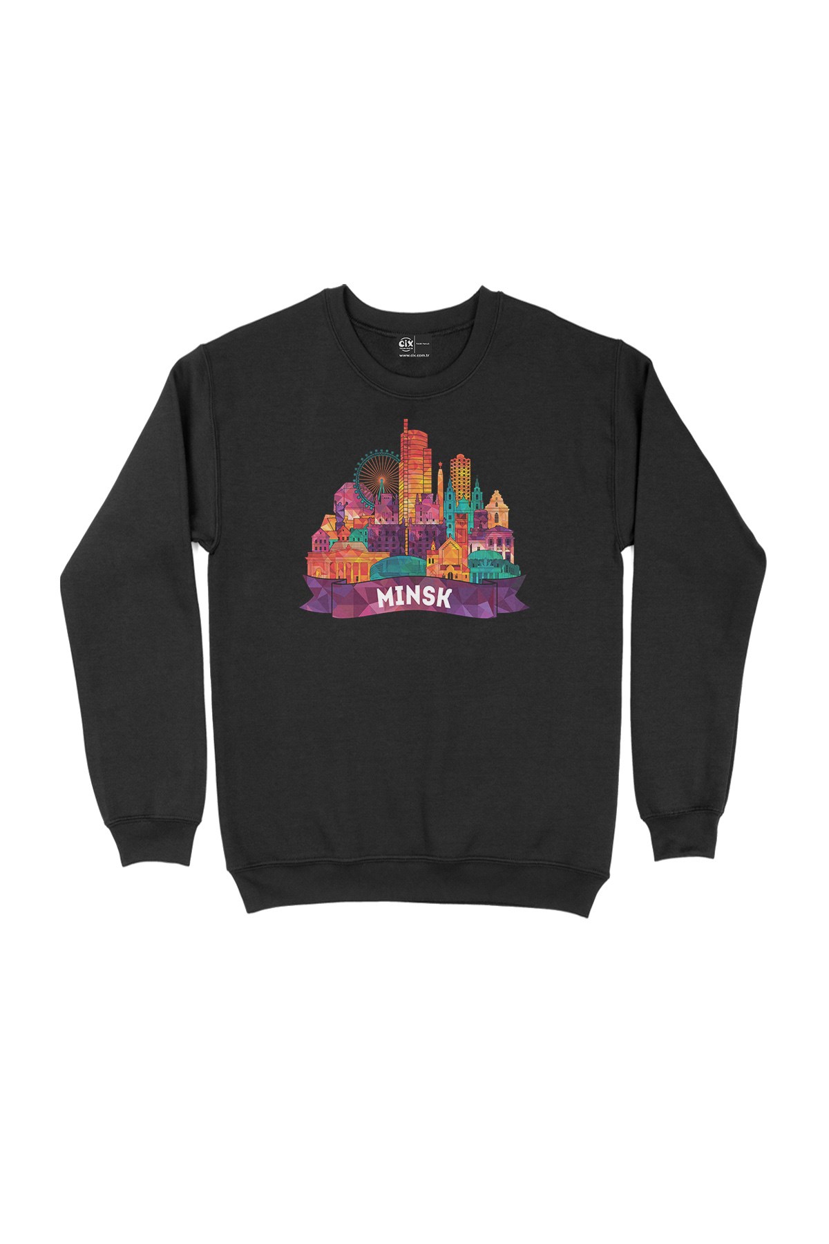 Renkli Minsk İllüstrasyon Siyah Sweatshirt