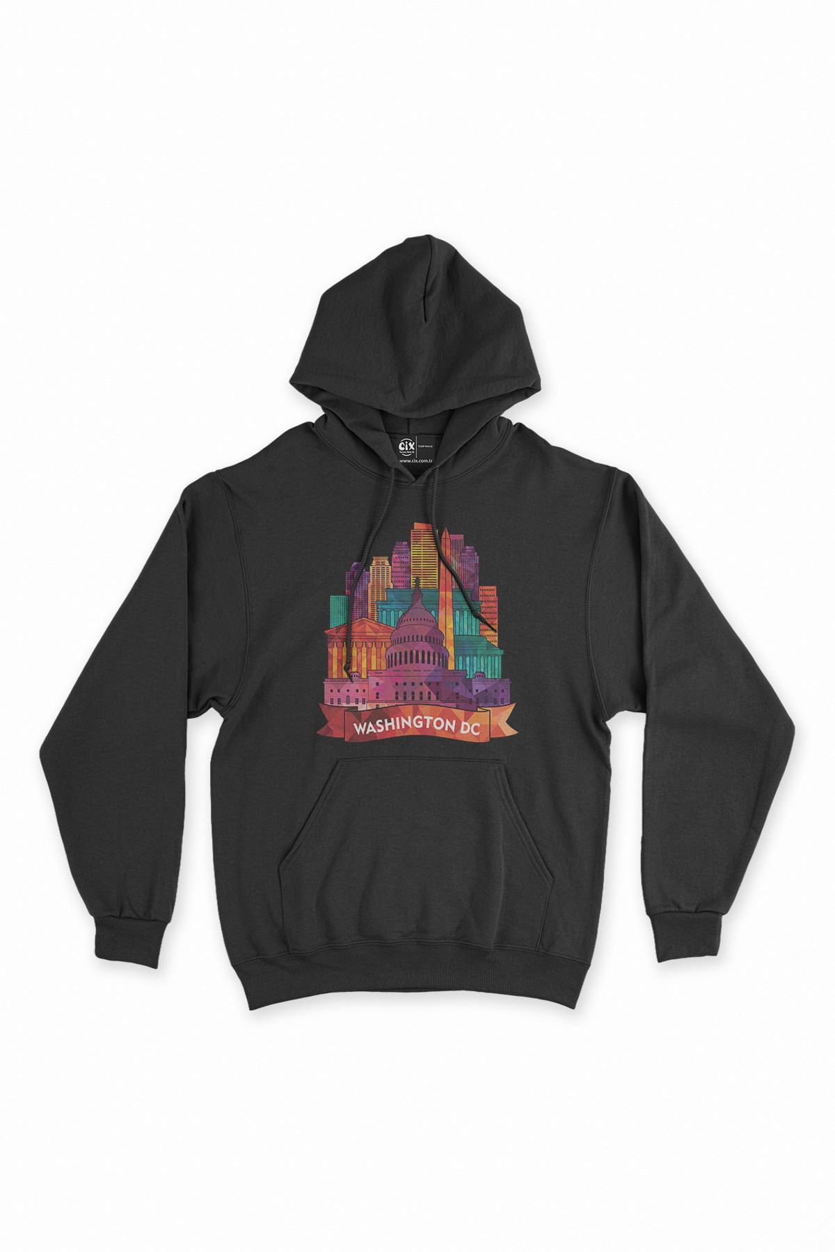 Renkli Washington DC İllüstrasyon Siyah Kapşonlu Sweatshirt Hoodie