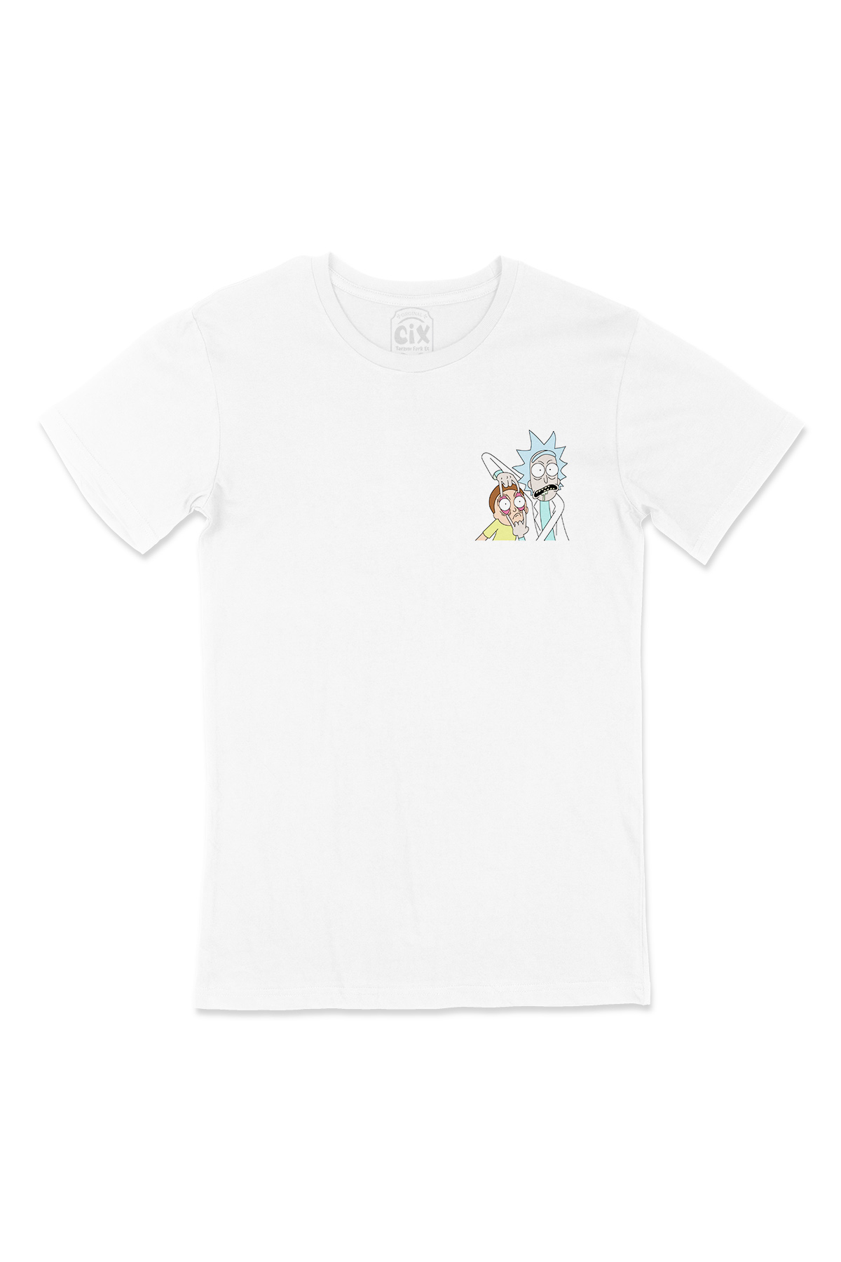 Rick And Morty Tasarımlı Cep Logo Tasarımlı Beyaz Tişört