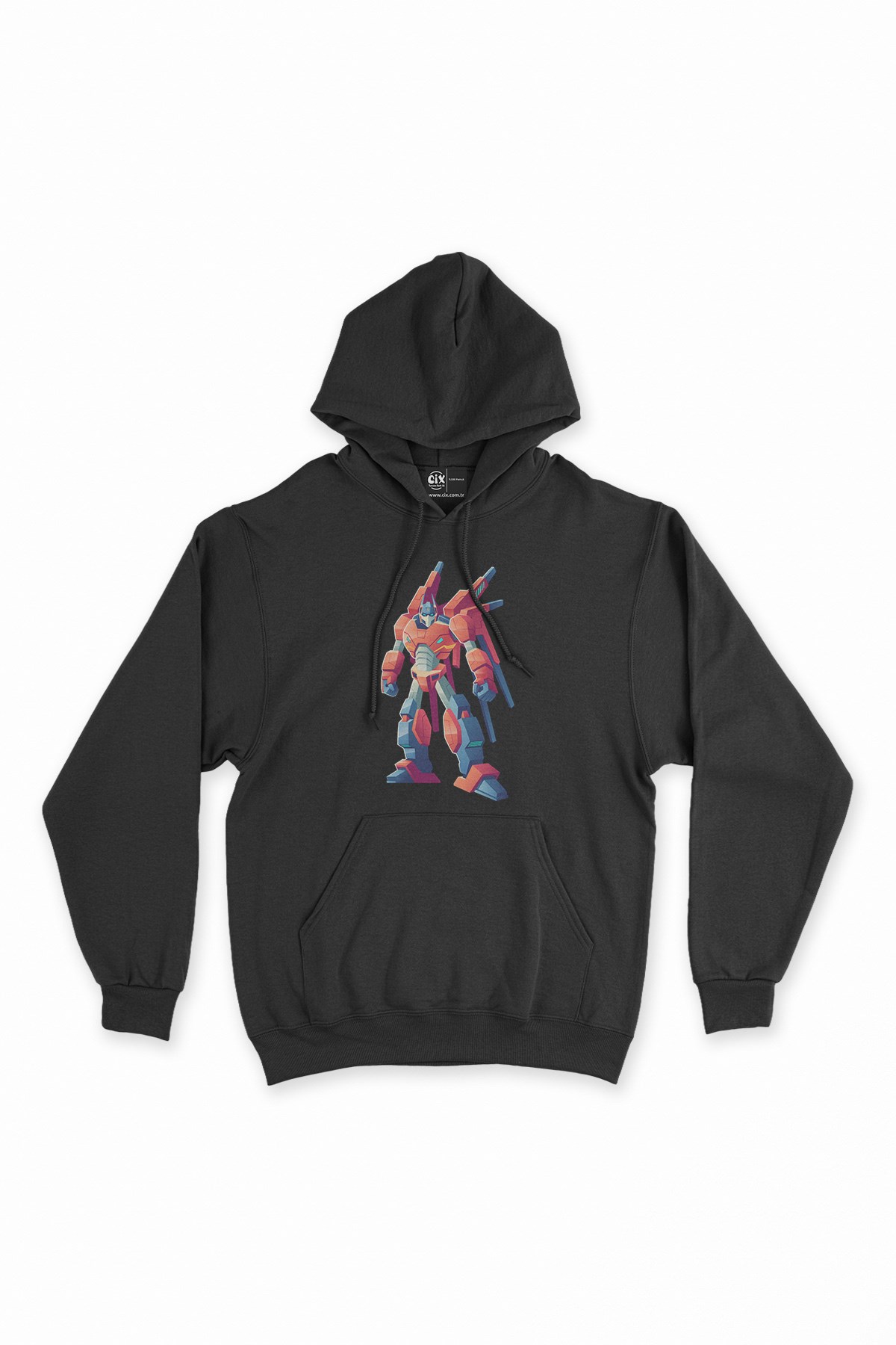 Robot Tasarımlı Siyah Kapşonlu Sweatshirt Hoodie