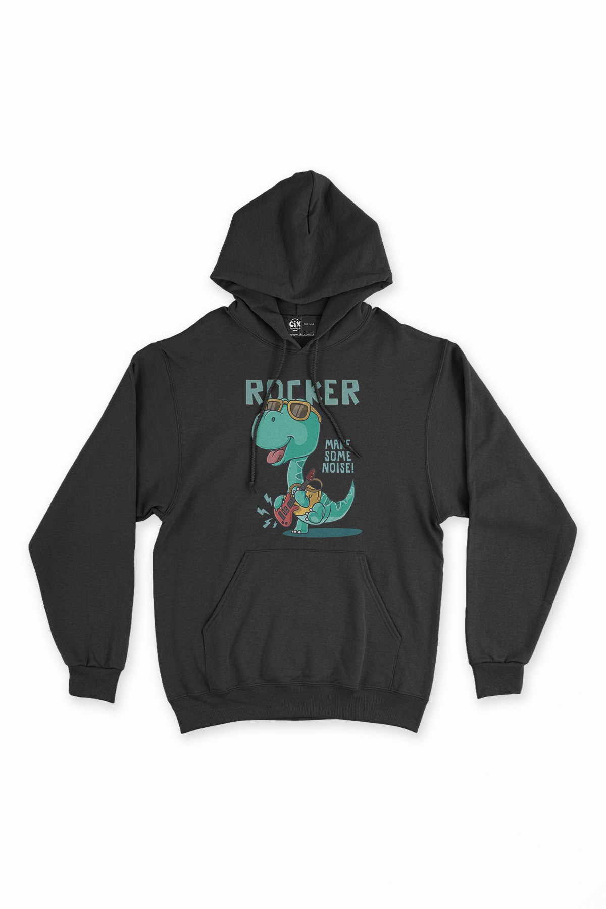 Rocker Dinozor Siyah Kapşonlu Sweatshirt Hoodie