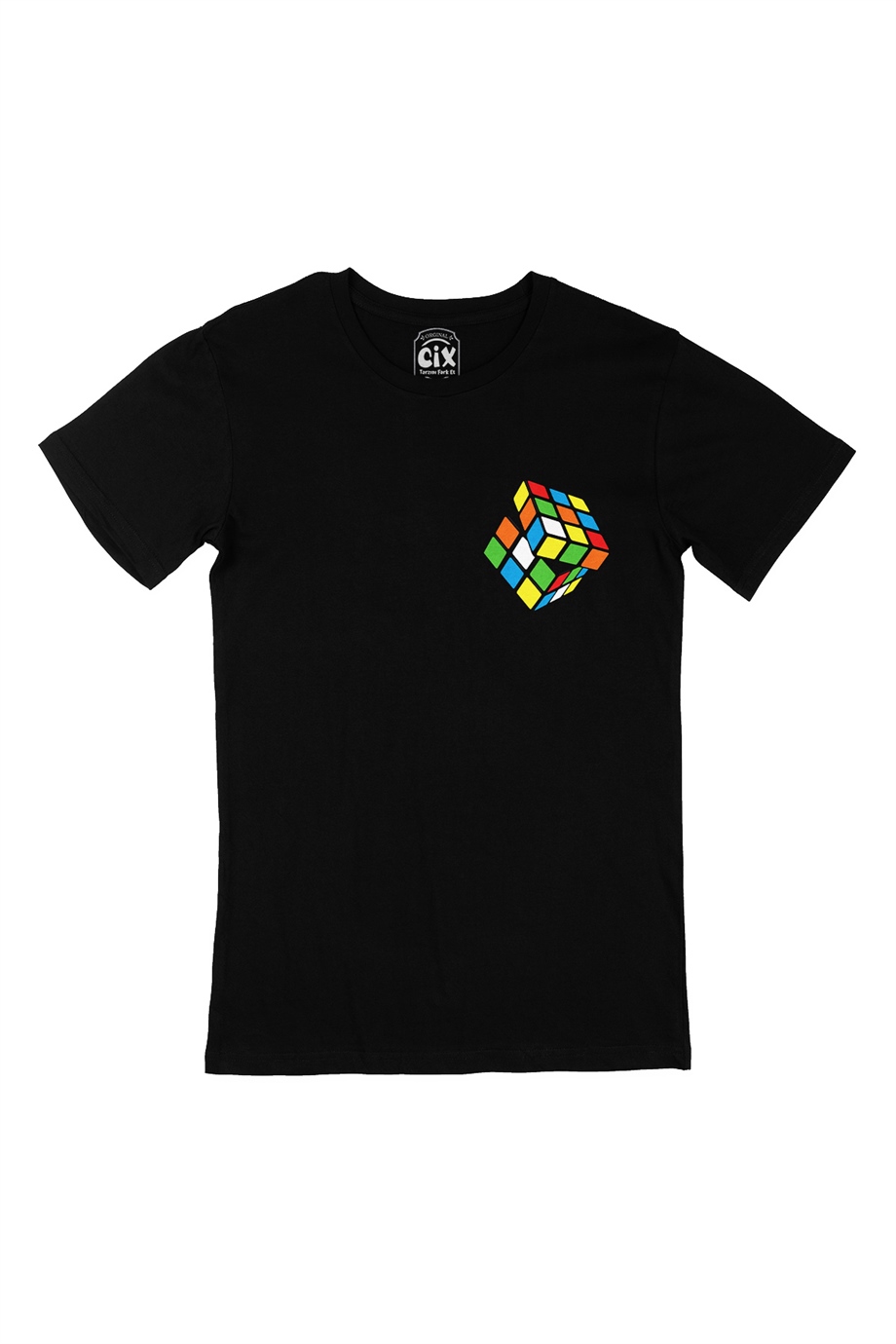 Rubik Küp Tasarımlı Cep Logo Tasarımlı Siyah Tişört