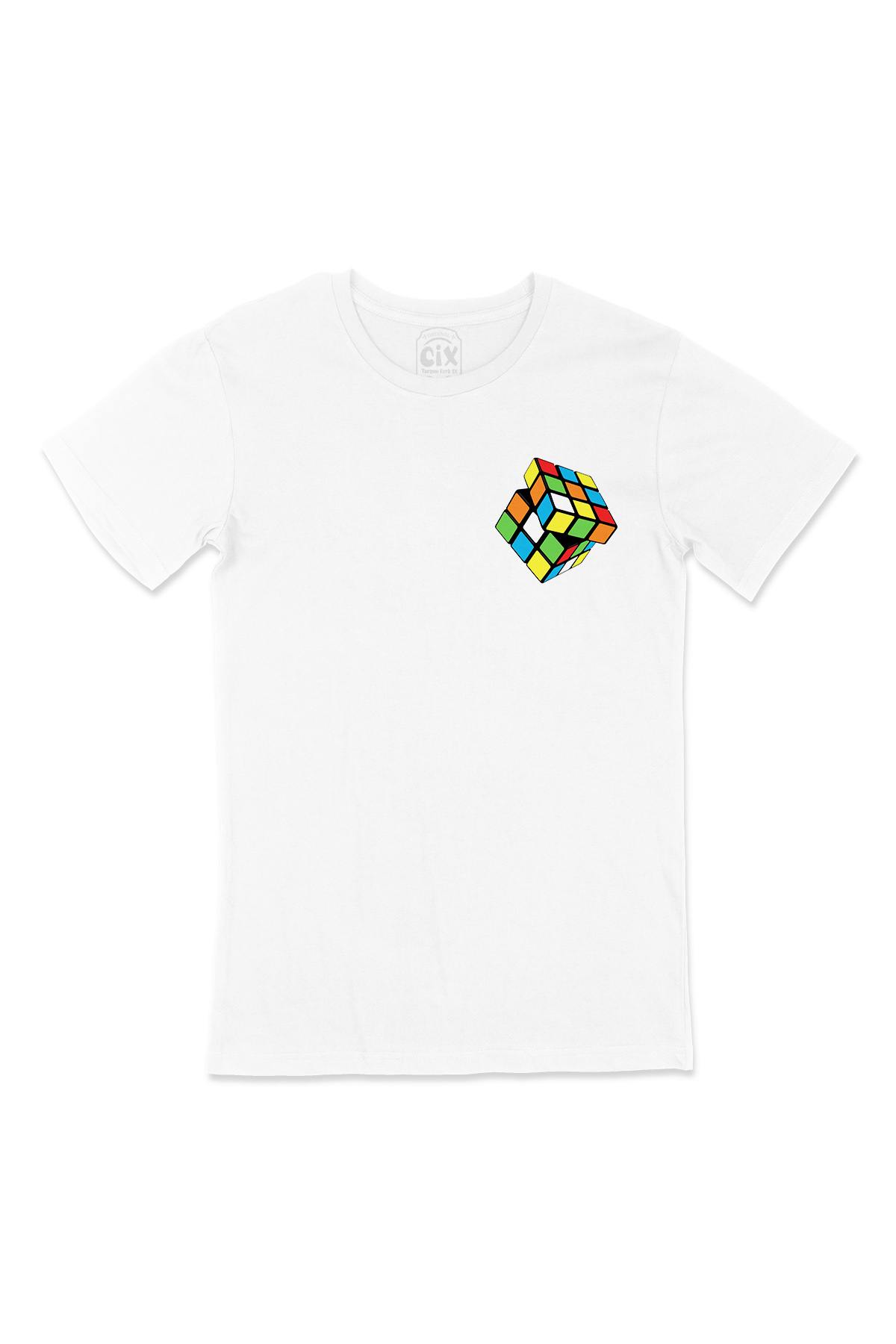 Rubik Küp Tasarımlı Cep Logo Tasarımlı Beyaz Tişört
