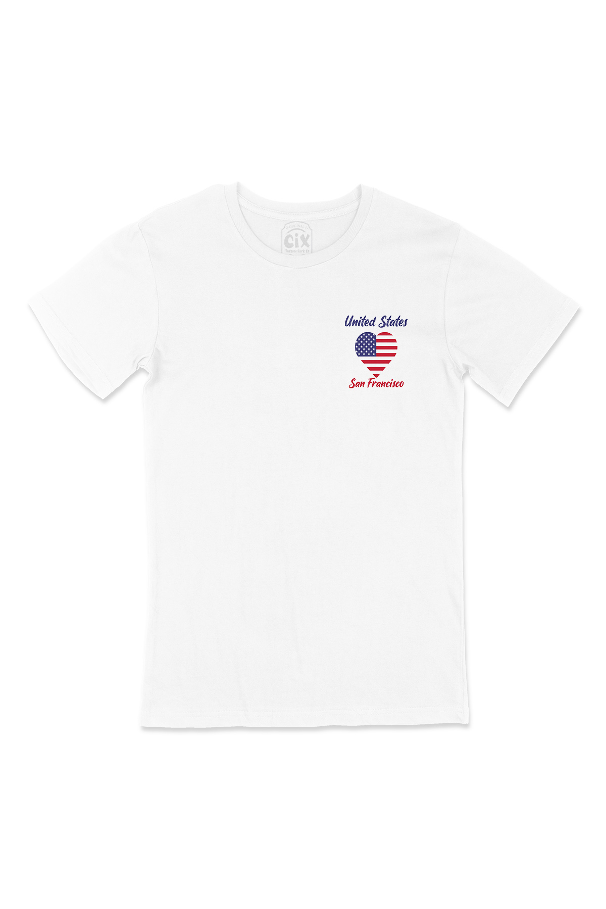 San Francisco Amerika Bayraklı Kalpli Cep Logo Tasarımlı Beyaz Tişört