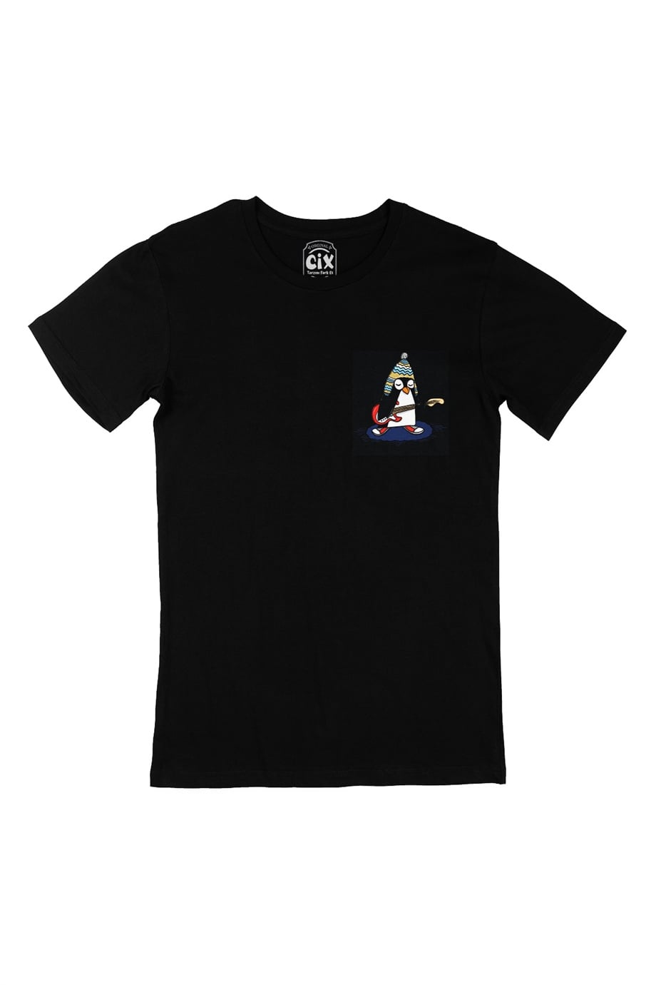 Şapkalı Gitarcı Rocker Penguen Cep Logo Tasarımlı Siyah Tişört