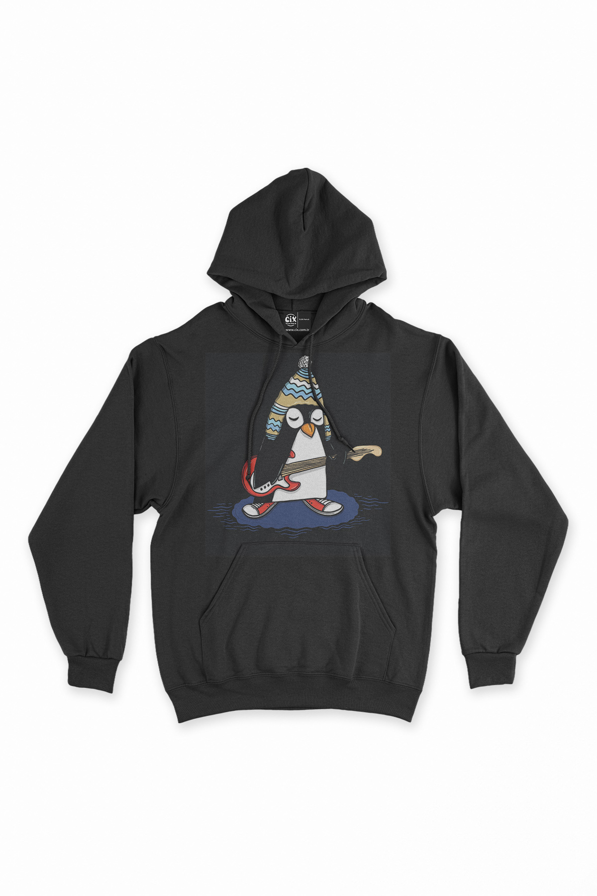 Şapkalı Gitarcı Rocker Penguen Siyah Sweatshirt Hoodie